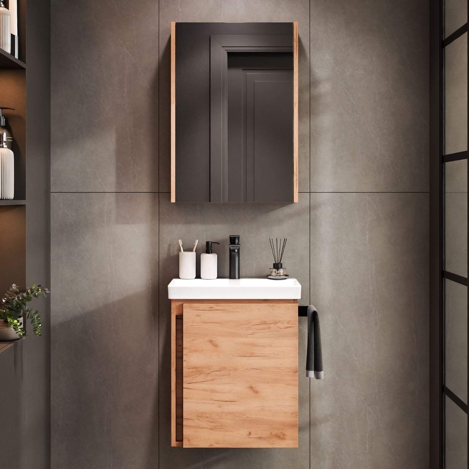 Planetmöbel Badezimmer-Set Badmöbel-Set mit Spiegelschrank 50cm, (hängend, 2-St., Badmöbel Set mit Waschbecken), inkl. Spiegelschrank 50 cm