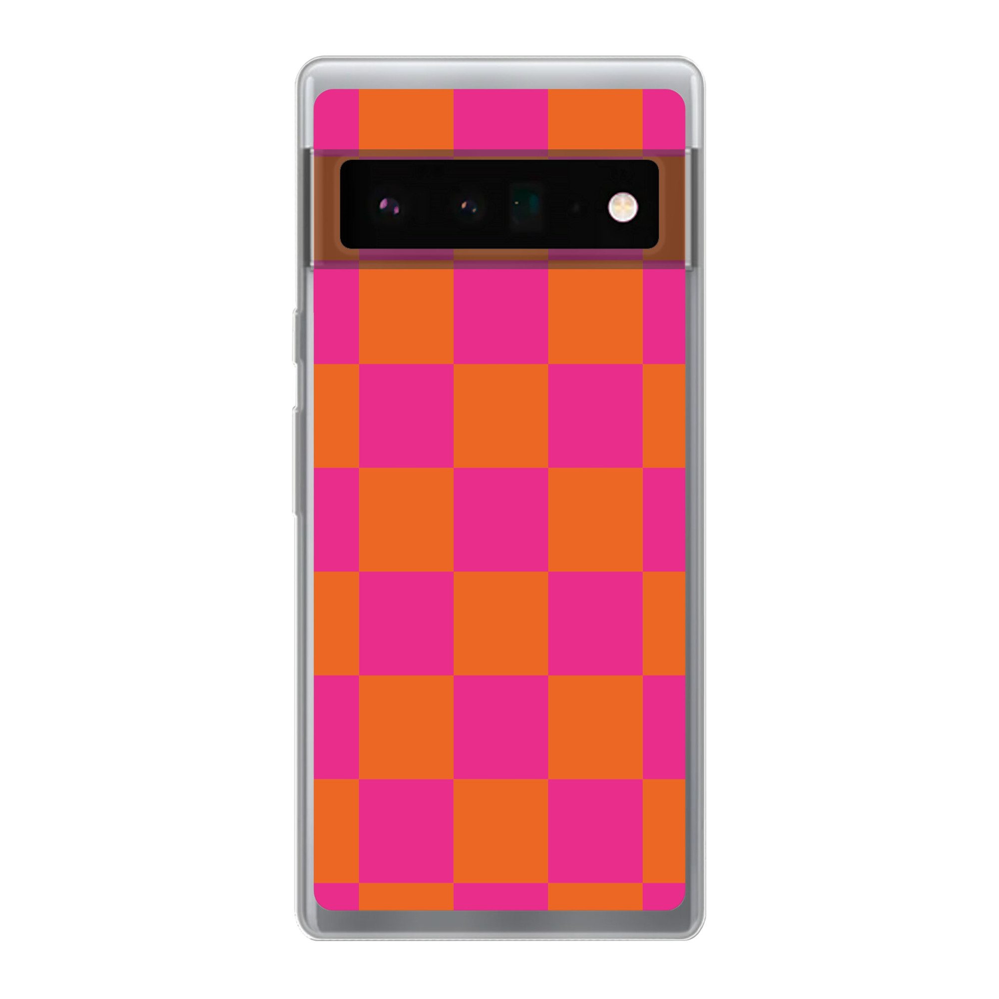 MuchoWow Handyhülle für Google Pixel 6 Pro Schachbrettmuster - Orange - Rosa - Blöcke, Handy Case, Silikon, Bumper Case Dünn