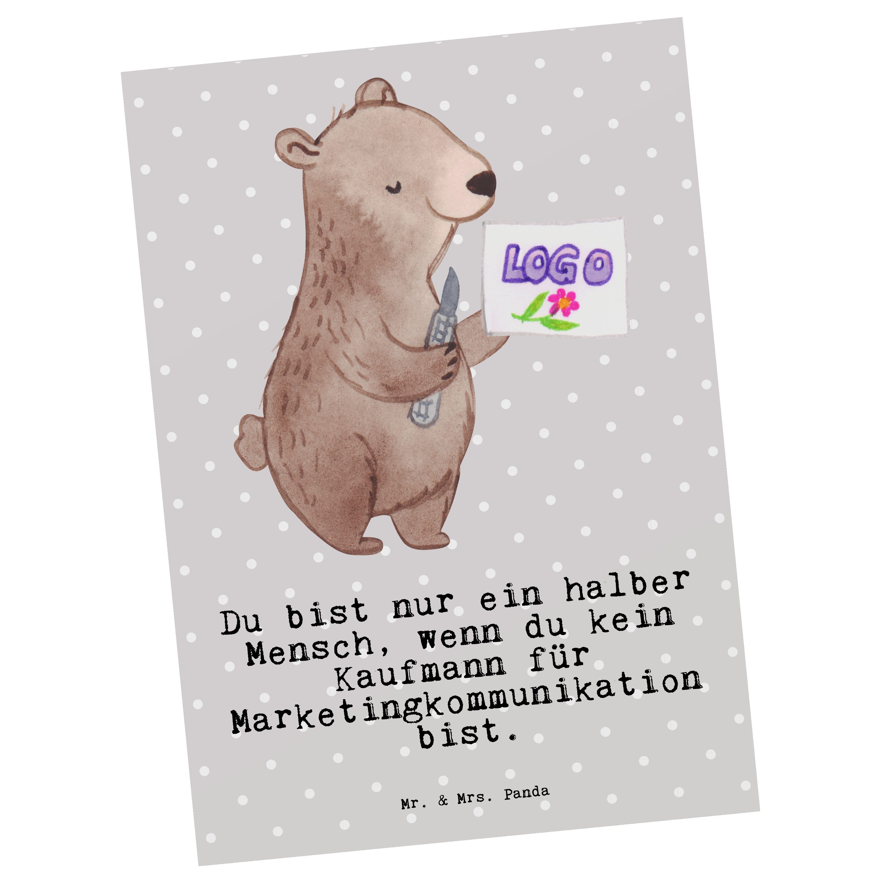 Mr. & Mrs. Panda Postkarte Kaufmann für Marketingkommunikation mit Herz - Grau Pastell - Geschen