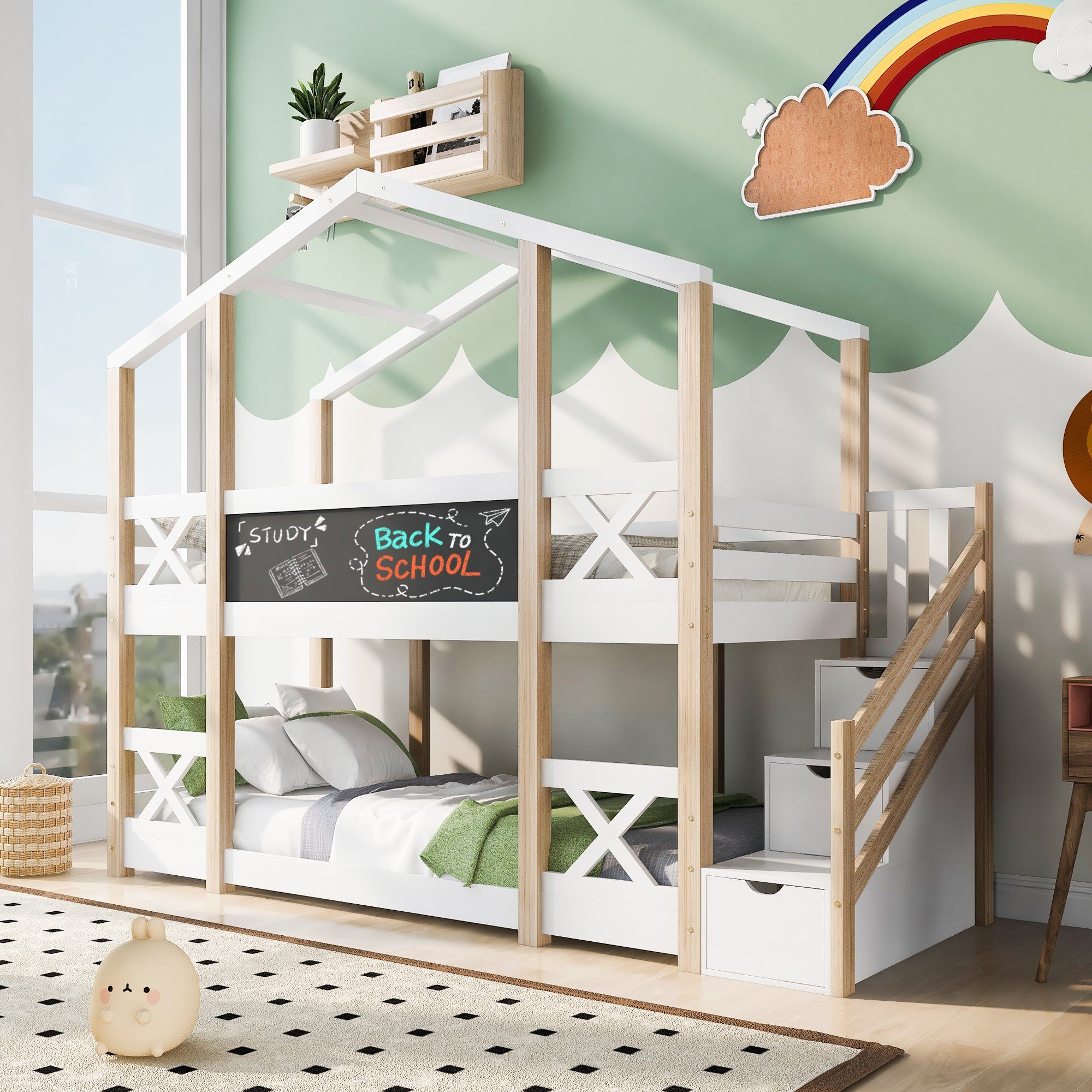 Ulife Etagenbett Hochbett Kinderbett mit Treppe /Leiter 3 Schubladen Kiefer 90x200cm, für 2 Kinder
