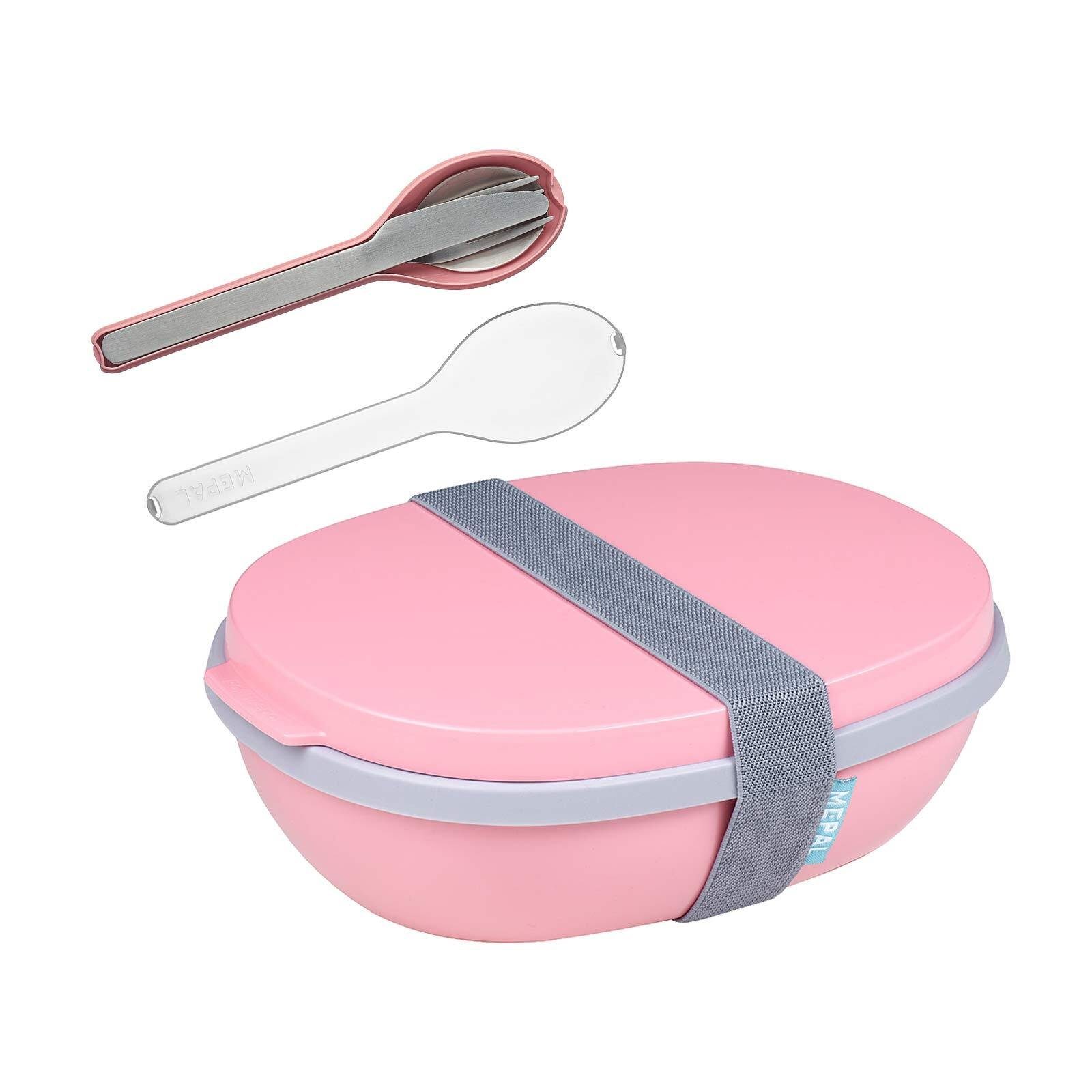 Mepal Lunchbox Ellipse Nordic 22,5 x Mikrowellenfest Material-Mix, (2-tlg), Pink mit Besteck 17,5 cm, Spülmaschinengeeignet, Lunchbox Duo