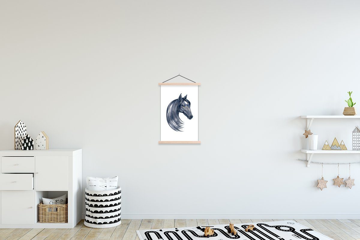 MuchoWow Poster Pferd - Aquarell - Schwarz - Mädchen - Kinder - Mädchen, (1 St), Posterleiste, Textilposter für Wohnzimmer, Bilderleiste, Magnetisch