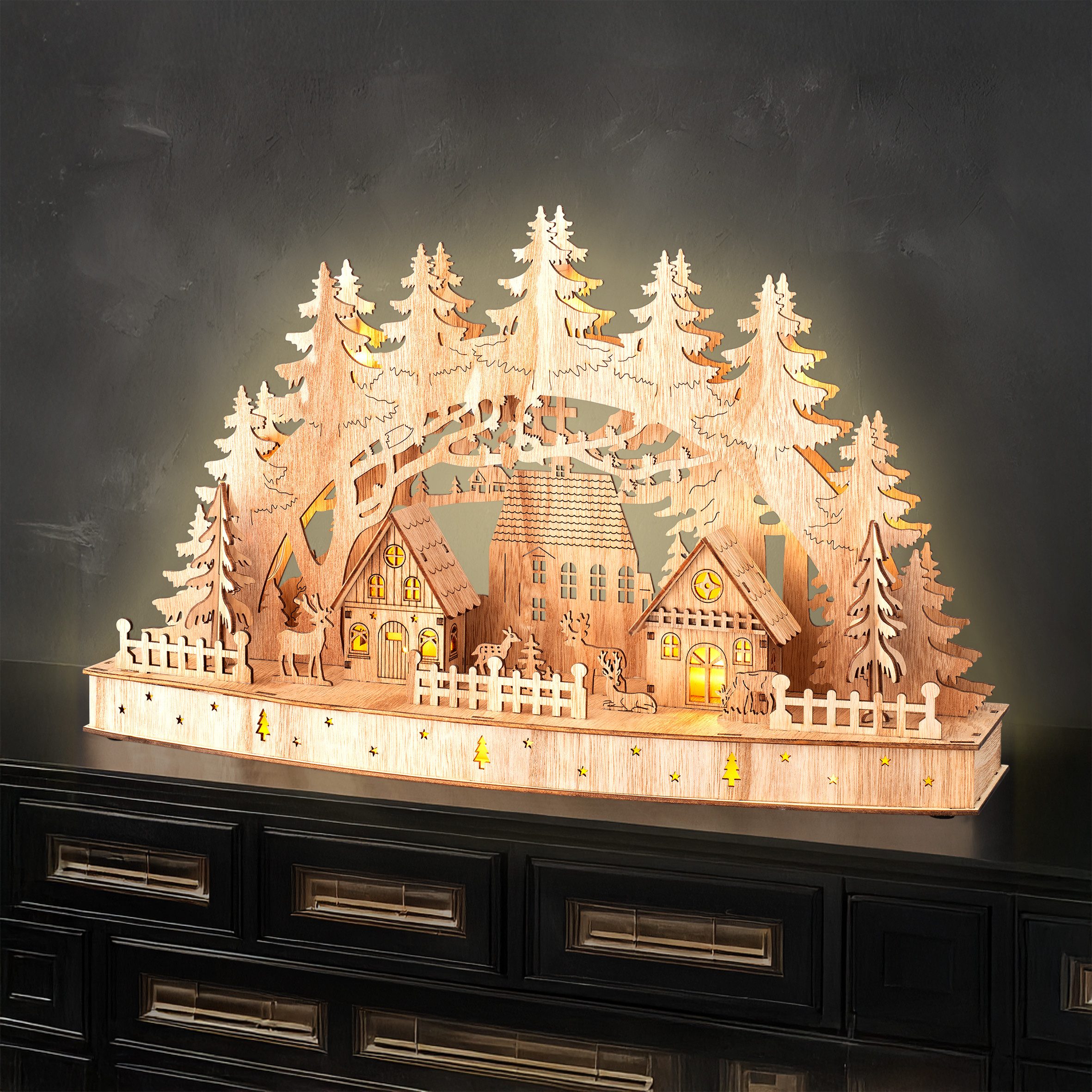 Spetebo LED Schwibbogen Weihnachtsdorf 44 x 26 cm warm weiß beleuchtet (1-tlg), mit Timer