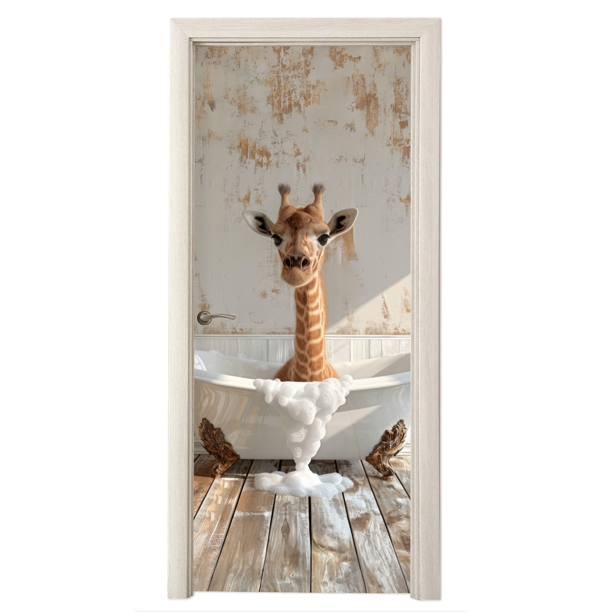 MuchoWow Türtapete Giraffe - Badewanne - Vintage - Tiere, Matt, bedruckt, (1 St), Selbstklebende Tapete, Folie für Möbel, 70x215 cm