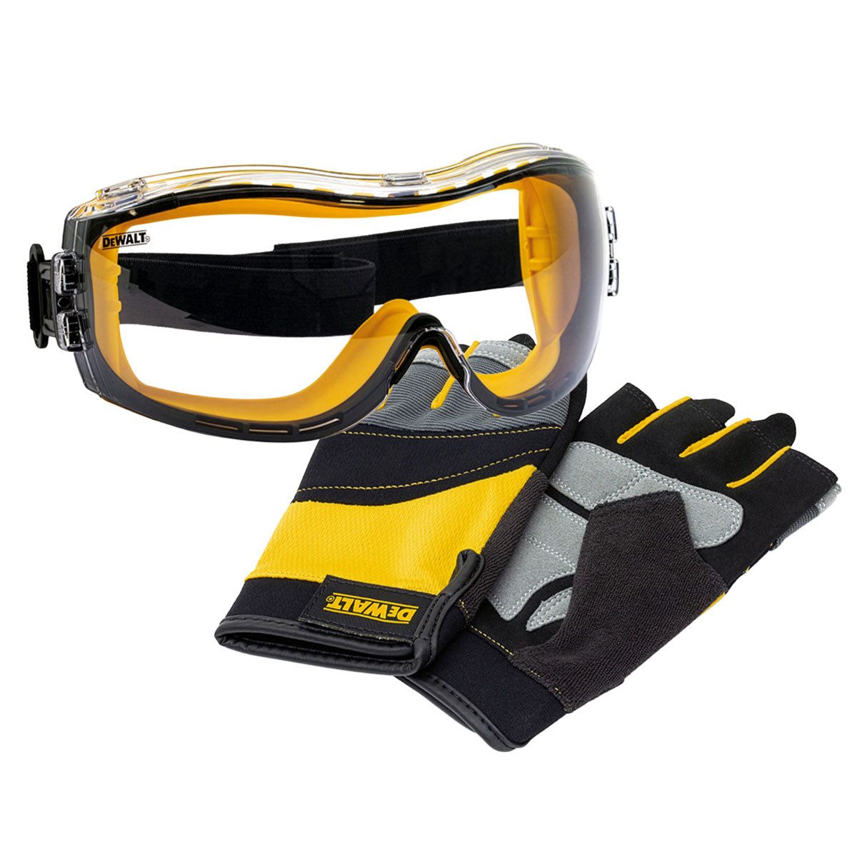 DeWalt Arbeitsschutzbrille DeWalt GRIP Arbeitshandschuhe + Vollsichtbrille Schutzbrille im Set, (2St)