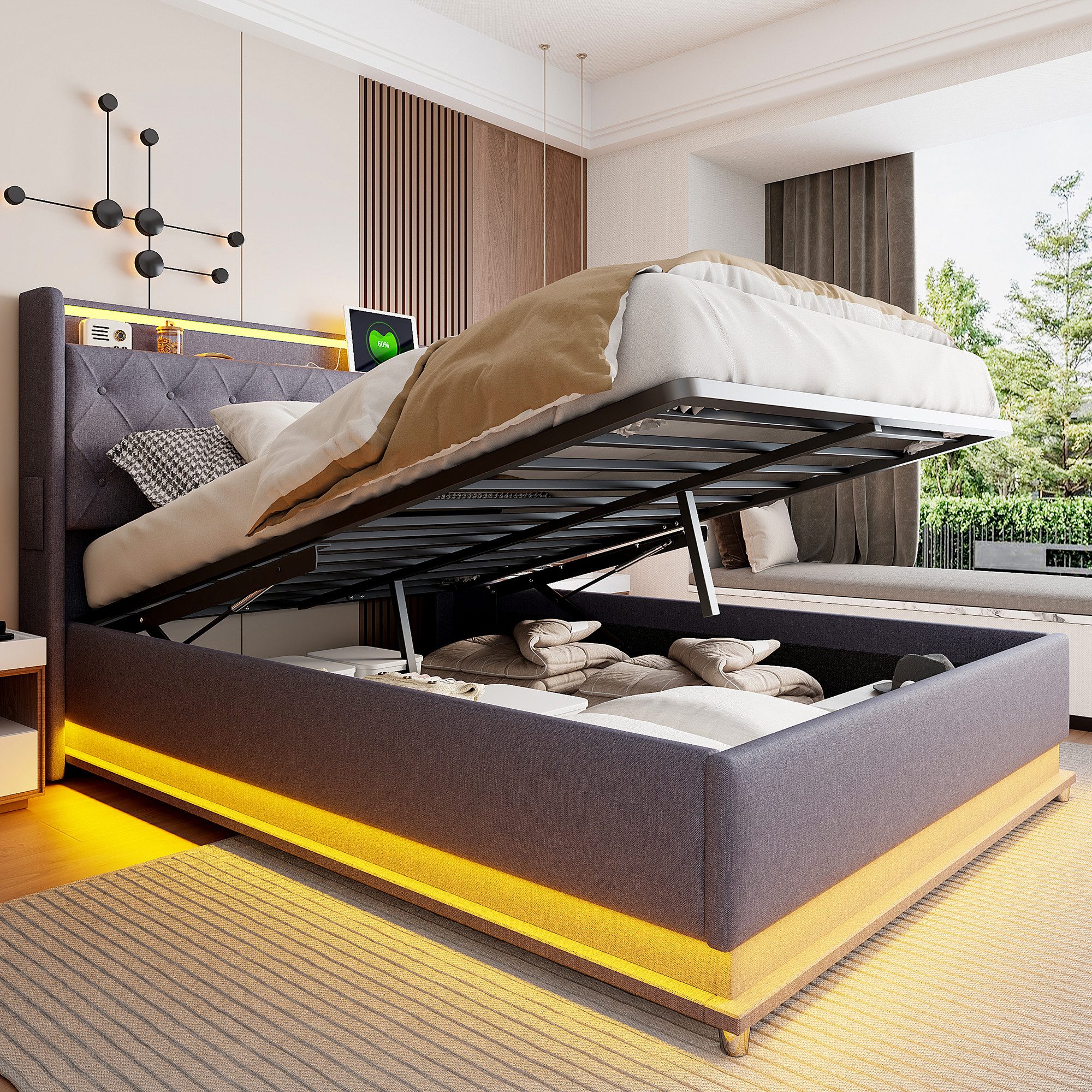 Merax Polsterbett mit LED-Beleuchtung & USB-Ladeanschluss günstig online kaufen