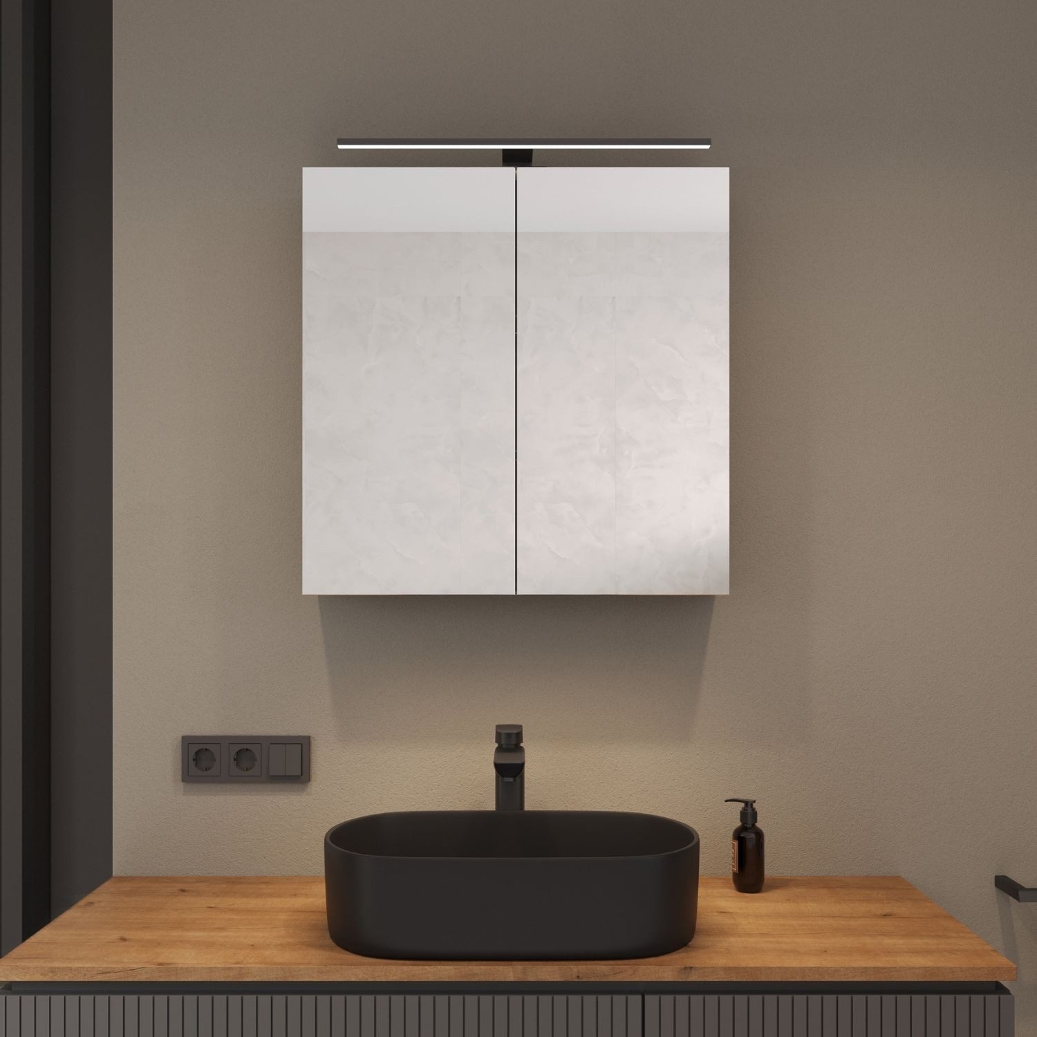 Planetmöbel Spiegelschrank Spiegelschrank ARIA (Spiegelschrank Bad 70 cm mit Beleuchtung und Steckdose, Badspiegelschrank 2-türig) weiß grau