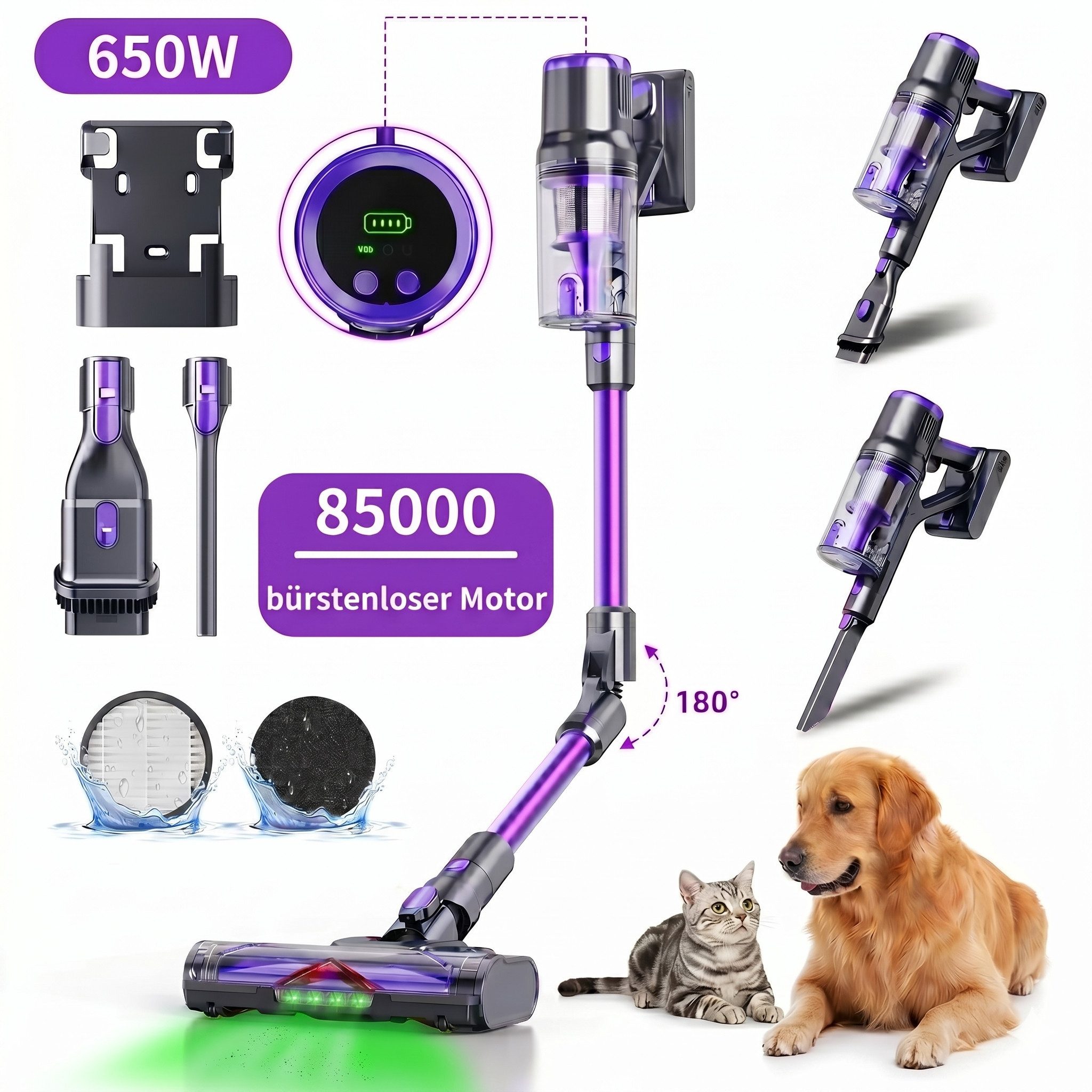 Blossom Akku-Hand-und Stielstaubsauger Akku Staubsauger 85000Pa/650W/65Min, 2L Staubsauger Kabellos, 2 L, 50dB leise/6-Stufen-Filter/OLED Display,Ideal für Böden/Teppiche/Auto