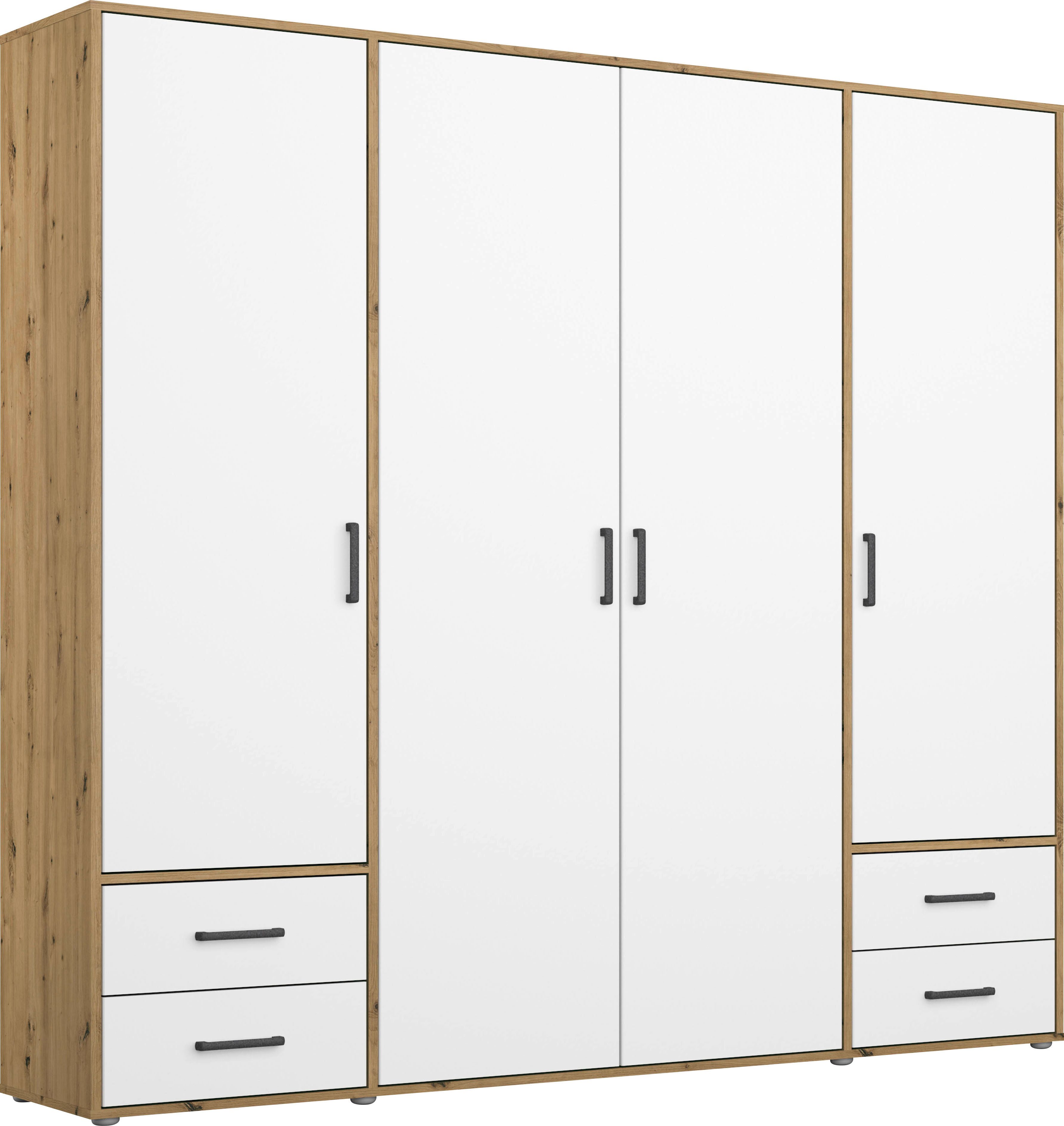 Drehtürenschrank Voyager, Kleiderschrank mit Außenschubkästen, Garderobe