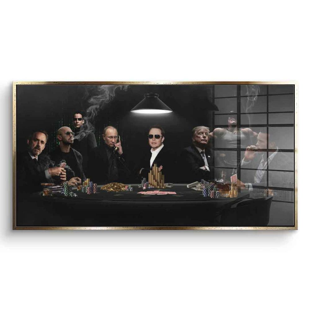 DOTCOMCANVAS® Acrylglasbild Emergency Meeting - Acrylglas, Acrylglasbild Emergency Meeting Macht Anführer Trump Musk Panorama