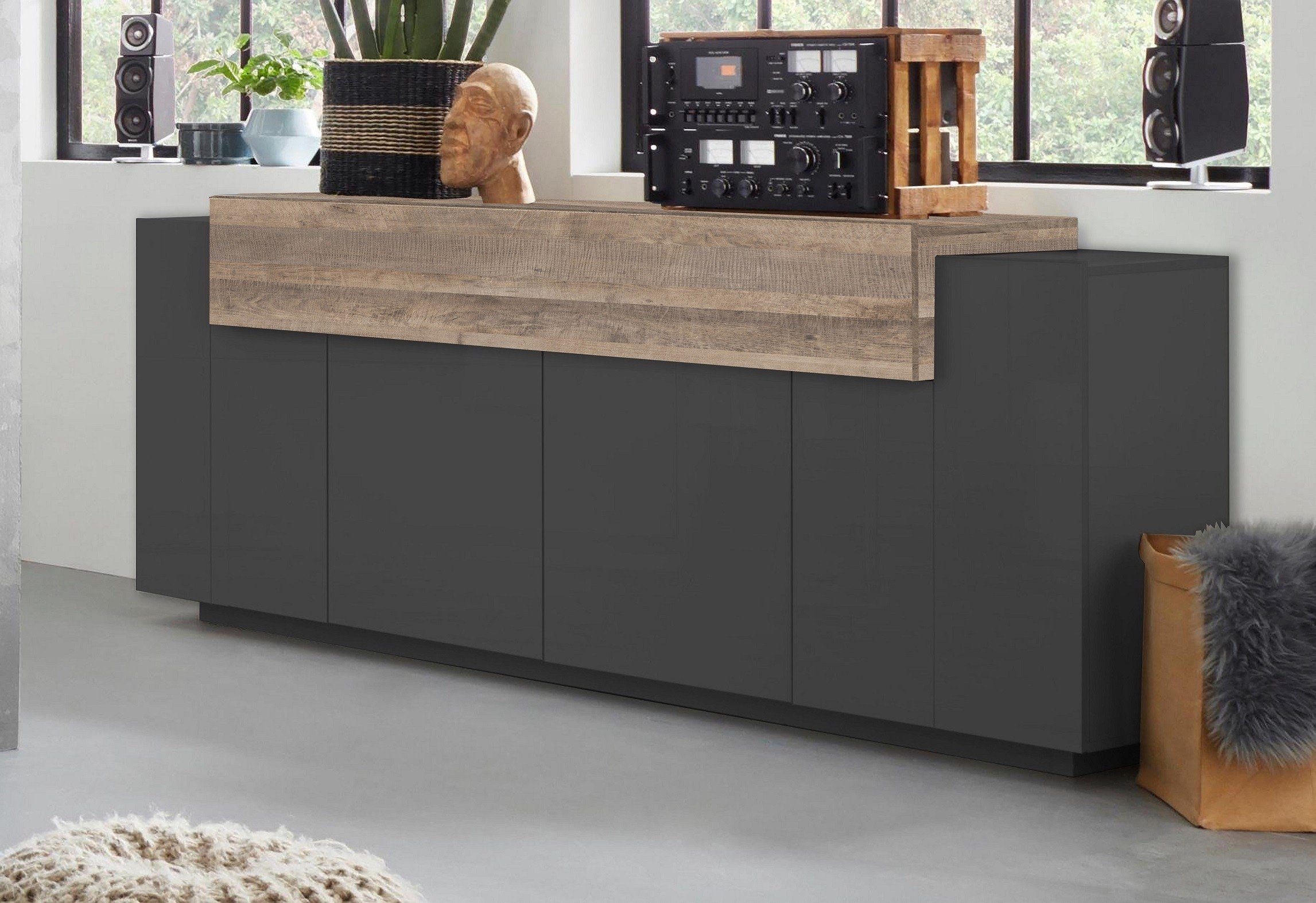 möbelando Sideboard Corona, in anthrazit matt/Oak mit 4 Türen und 3 Einlegeböden