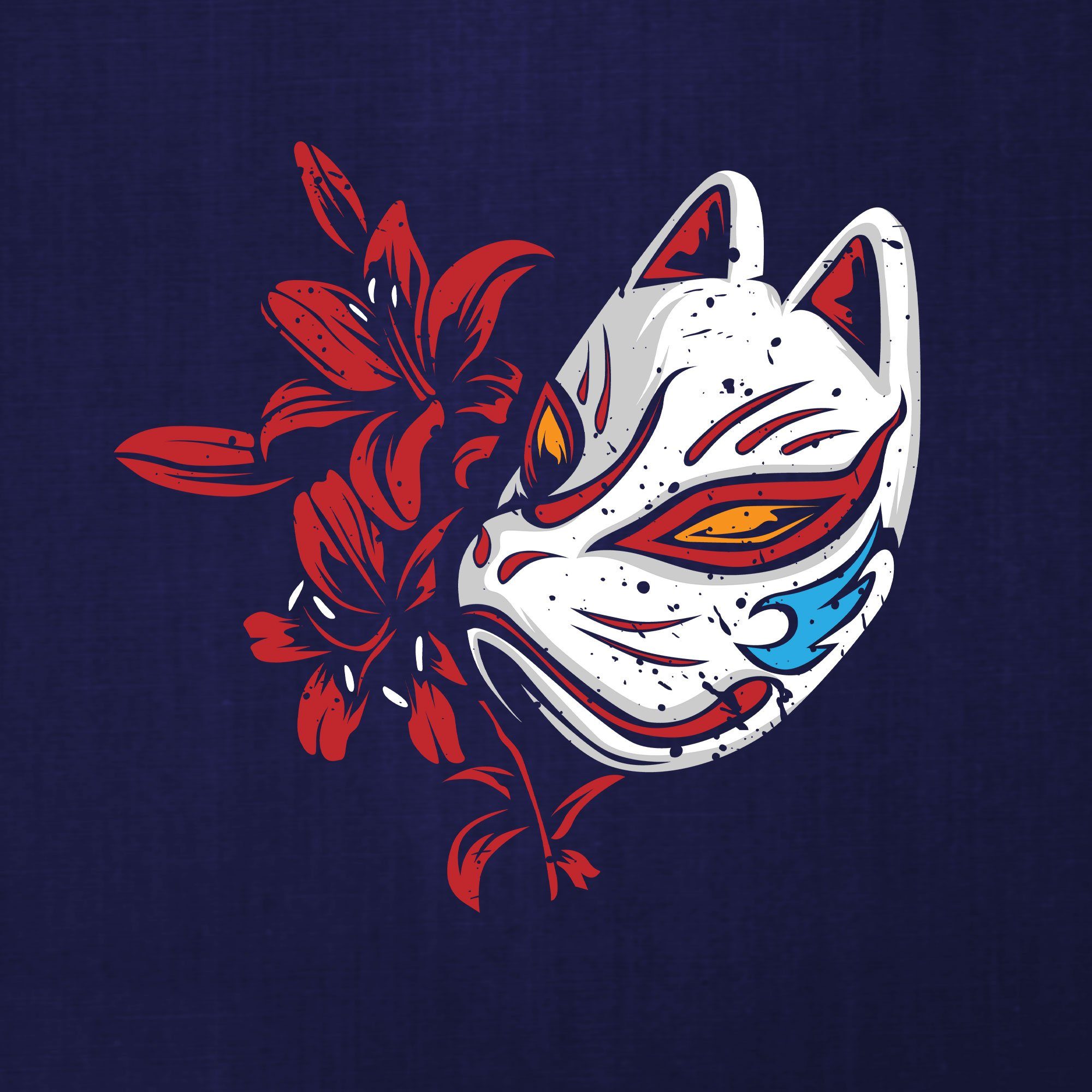 Anime Maske Kumiho - Navy Formatee Ästhetik Kitsune (1-tlg) Japan Neunschwänziger Fuchs Blau Quattro Kurzarmshirt