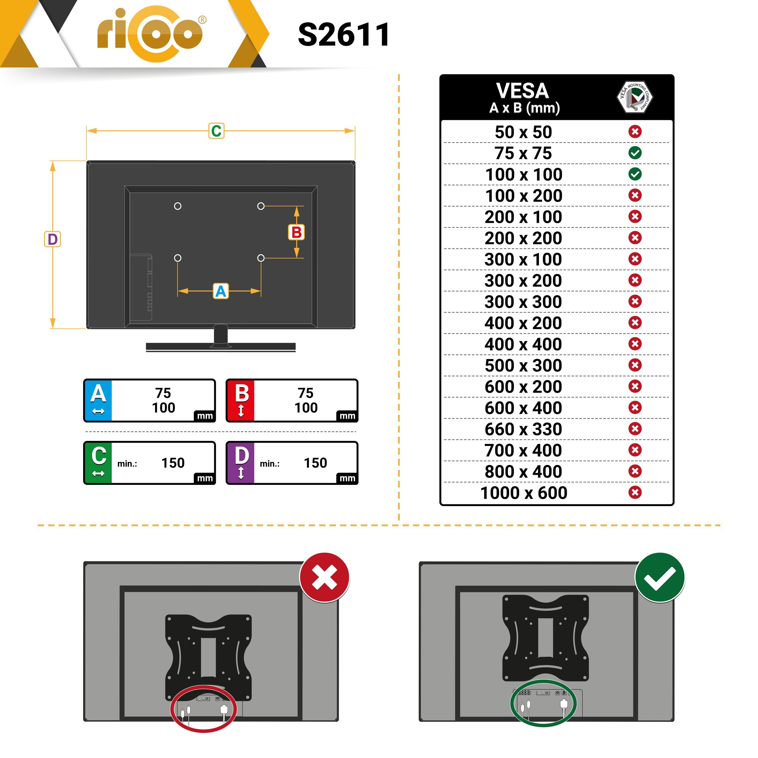 RICOO S2611 TV-Wandhalterung, (bis 32 schwenkbar Halter neigbar Monitor Zoll, universal VESA Gasfeder) 100x100 Wand