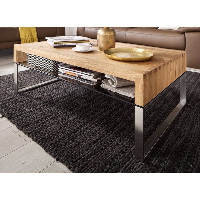 MCA furniture Couchtisch Hilary (Wohnzimmer Tisch mit Ablage 110 x 70 cm) Asteiche massiv und Edelstahl
