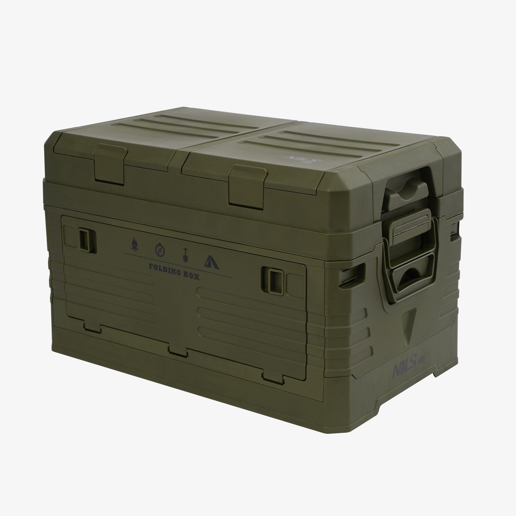 NILS CAMP Aufbewahrungsbox 2in1 Klappbare Kiste grün Camping Box Outdoor 50L mit Extrafächern, mit praktischem Seiteneingriff