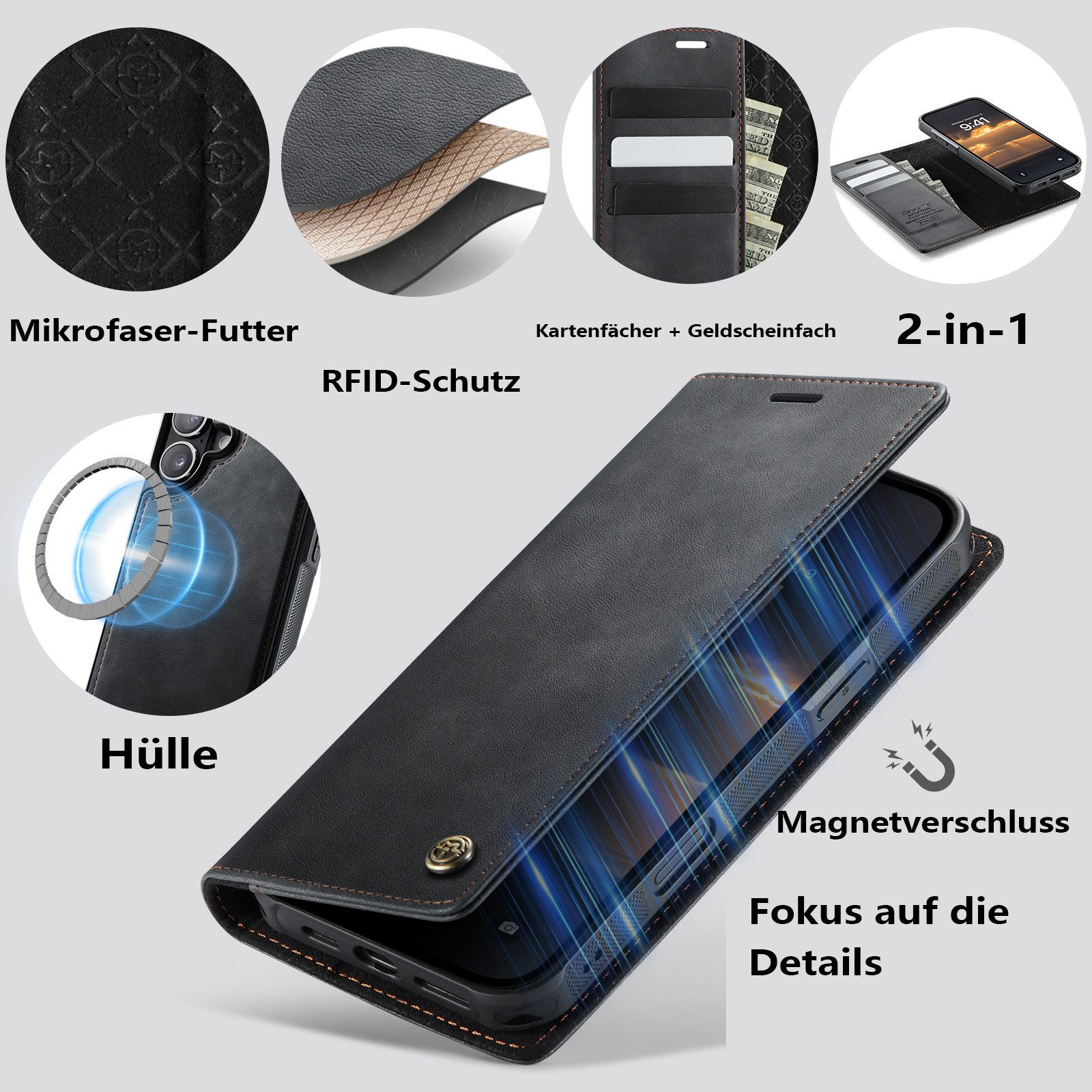 Cachito Handyhülle Hülle für iPhone 17/16, Echtleder Handyhülle,2 IN 1 Magnet Klapphülle, Abnehmbare Handyhülle mit kabellosem Laden, 3 Kartenfächern & Ständer – Bild 4 von 5