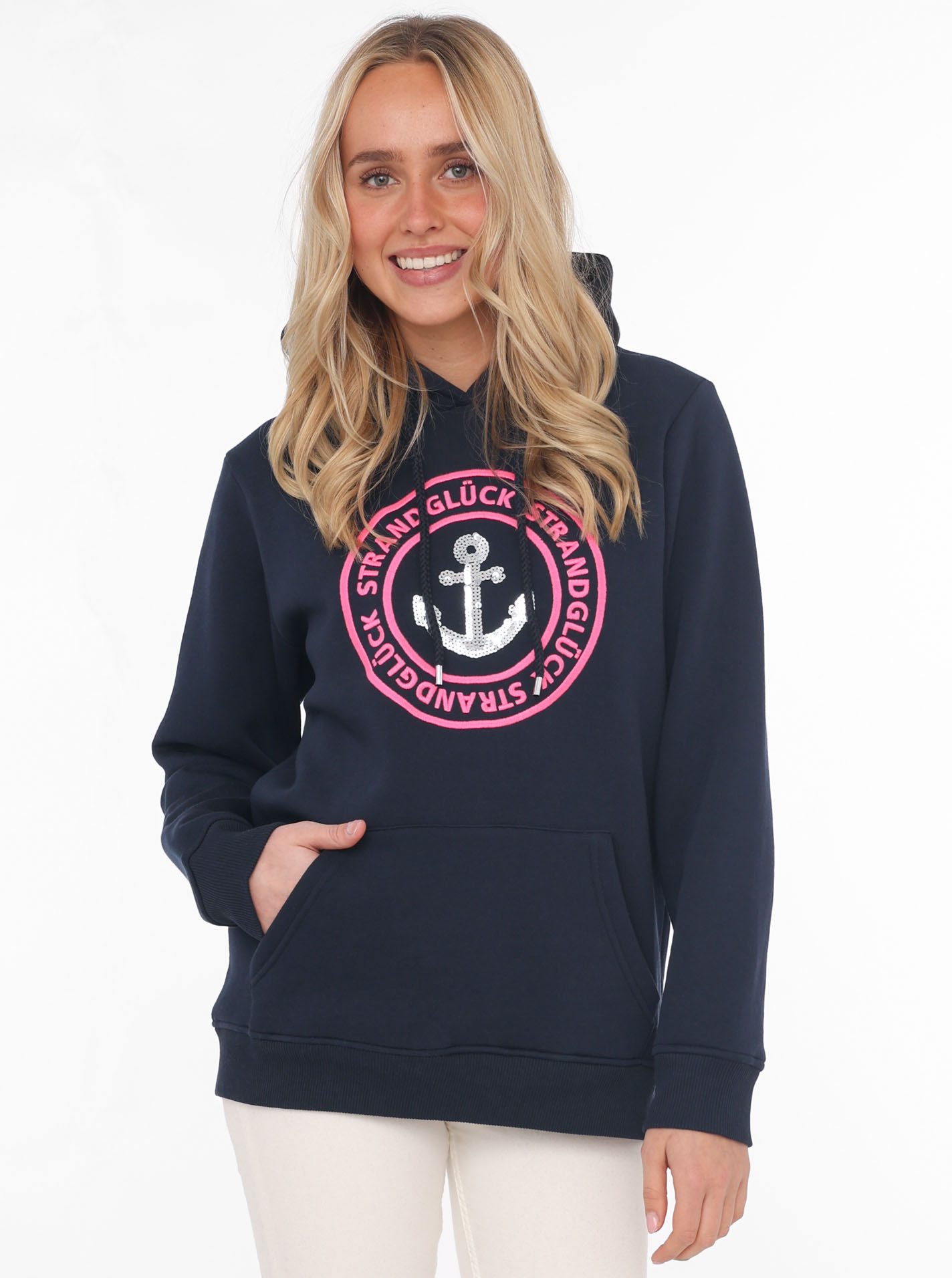 Zwillingsherz Kapuzensweatshirt mit neonfarbenen Stickereien und günstig online kaufen