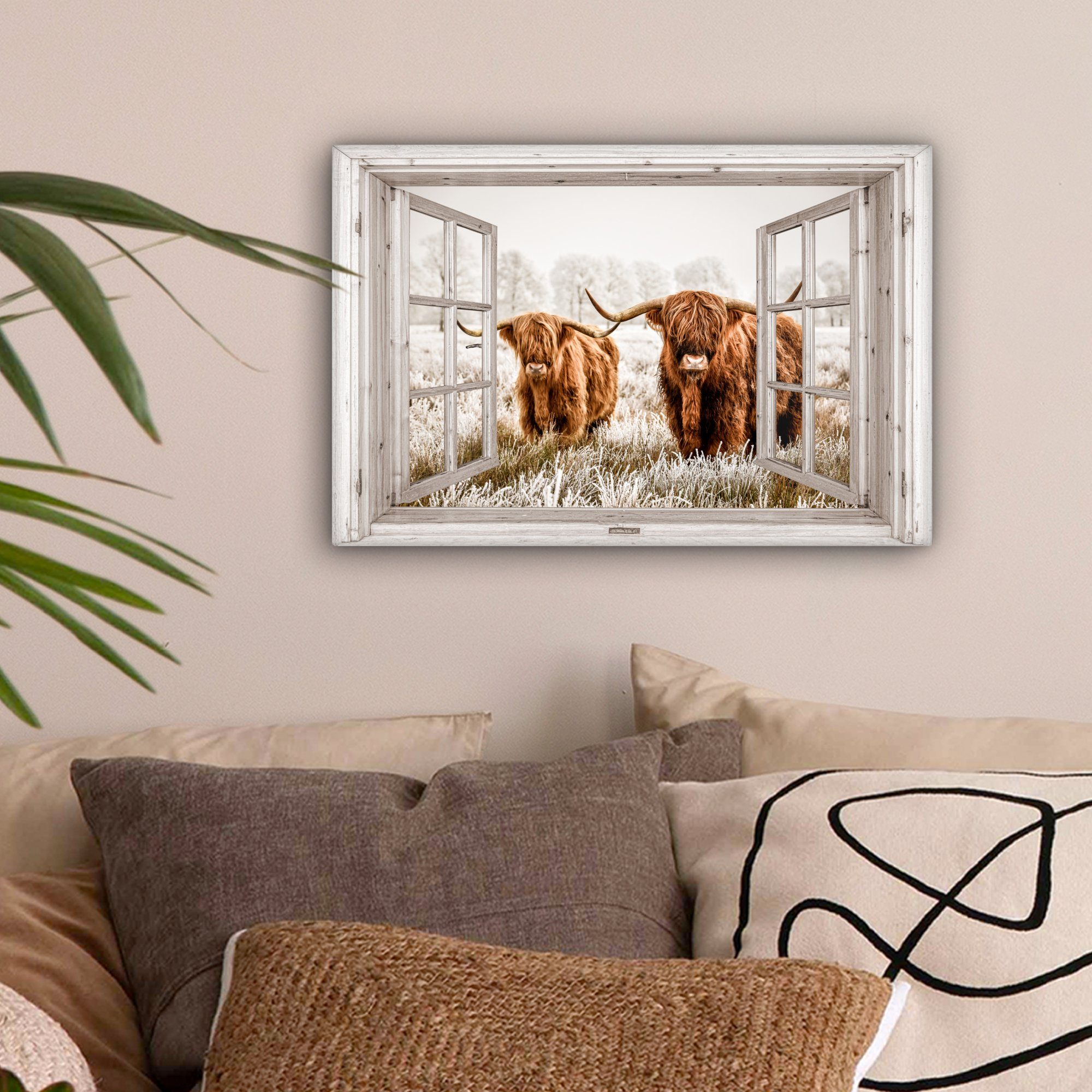 OneMillionCanvasses® Leinwandbild Durchblick - Schottische Highlander - Tiere, Fotodruck (1 St), Leinwand Bilder Klein, Wand Dekoration Aesthetic 30x20 cm