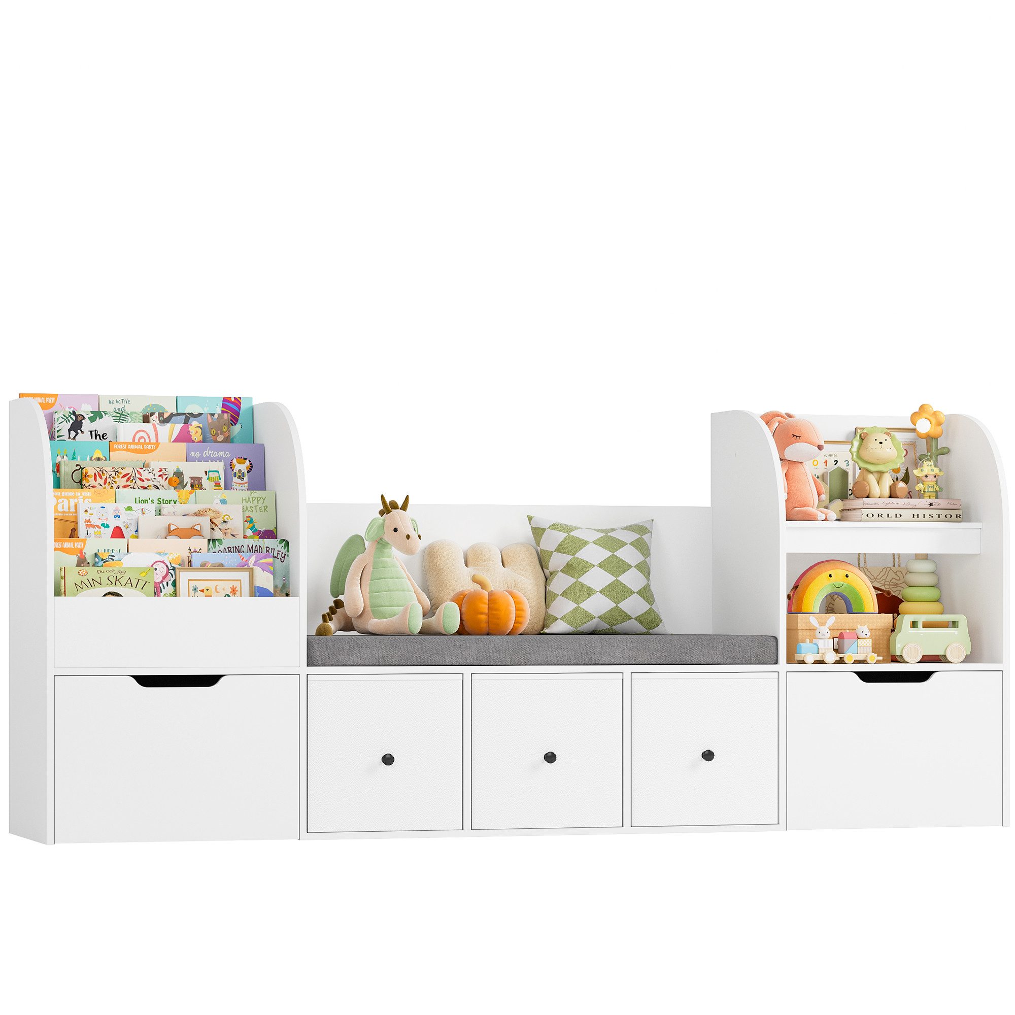 Homfa Kinderregal 180cm Sitzbank für Kinder mit 2 Schubladen auf Räder & 3 Stoffboxen, Spielzeugregal,Spielzeugtruhe, Kinderregal mit Bücherregal 180x35x80cm