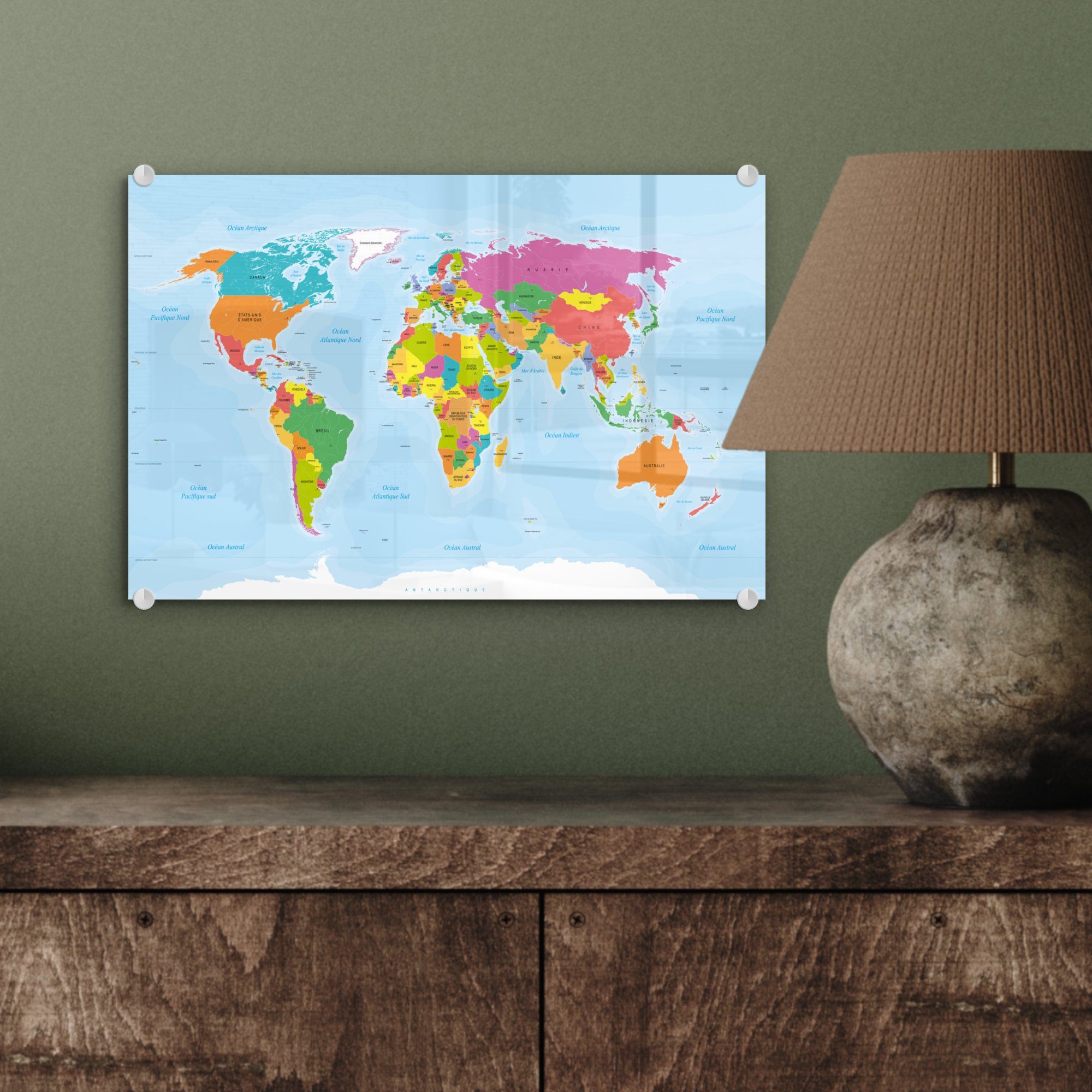 MuchoWow Acrylglasbild Französische Weltkarte - - Einfach, St), auf - Glas - Bilder Wandbild Glas Farben auf - (1 Foto Wanddekoration Glasbilder