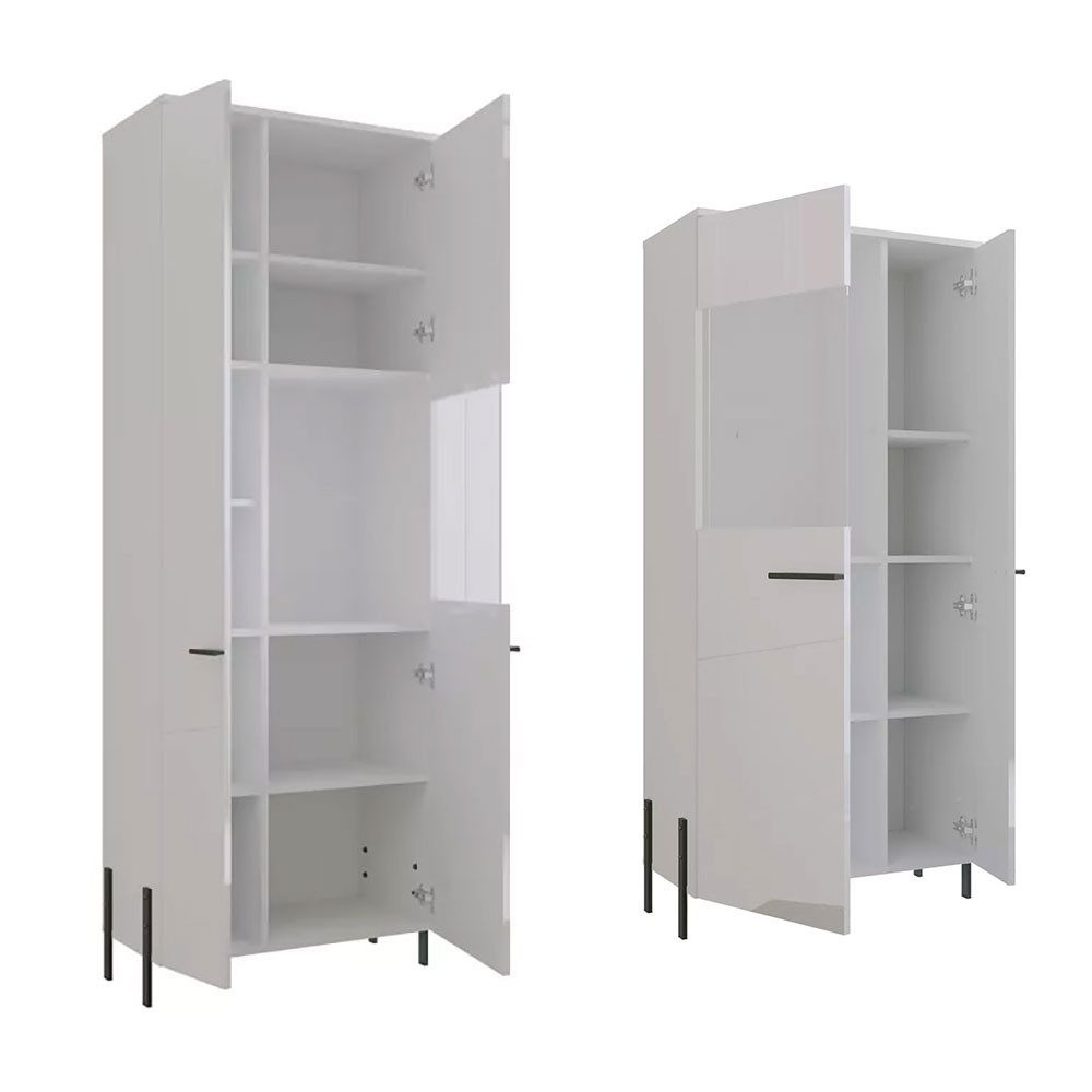 Feldmann-Wohnen Wohnwand Vigo, (2 Vitrinen (2-türig), 1 Lowboard, 1 Wandregal, 0-St., moderne Optik, Kunststoffgriffe, LED-Beleuchtung), 4-teilig; Korpus weiß / Fronten weiß Hochglanz