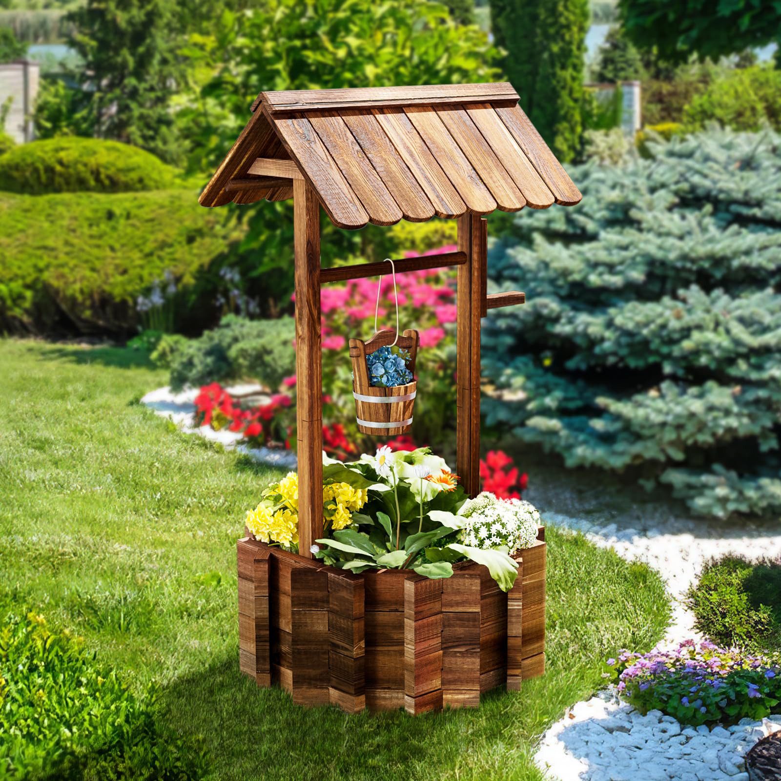 AOXUN Pflanzkübel Wunschbrunnen Pflanzkübel Holz, Pflanzständer (1 St), Wetterfest & Stabil, Ideal für Blumen & Kräuter im Garten, Ø55 cm