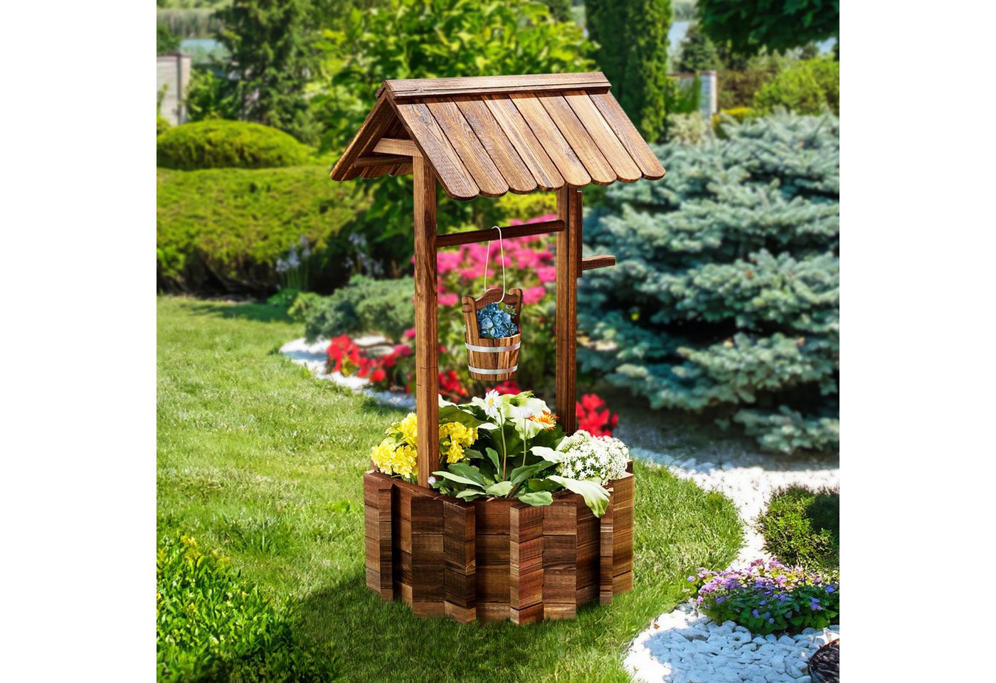AOXUN Pflanzkübel Wunschbrunnen Pflanzkübel Holz, Pflanzständer (1 St), Wetterfest & Stabil, Ideal für Blumen & Kräuter im Garten, Ø55 cm