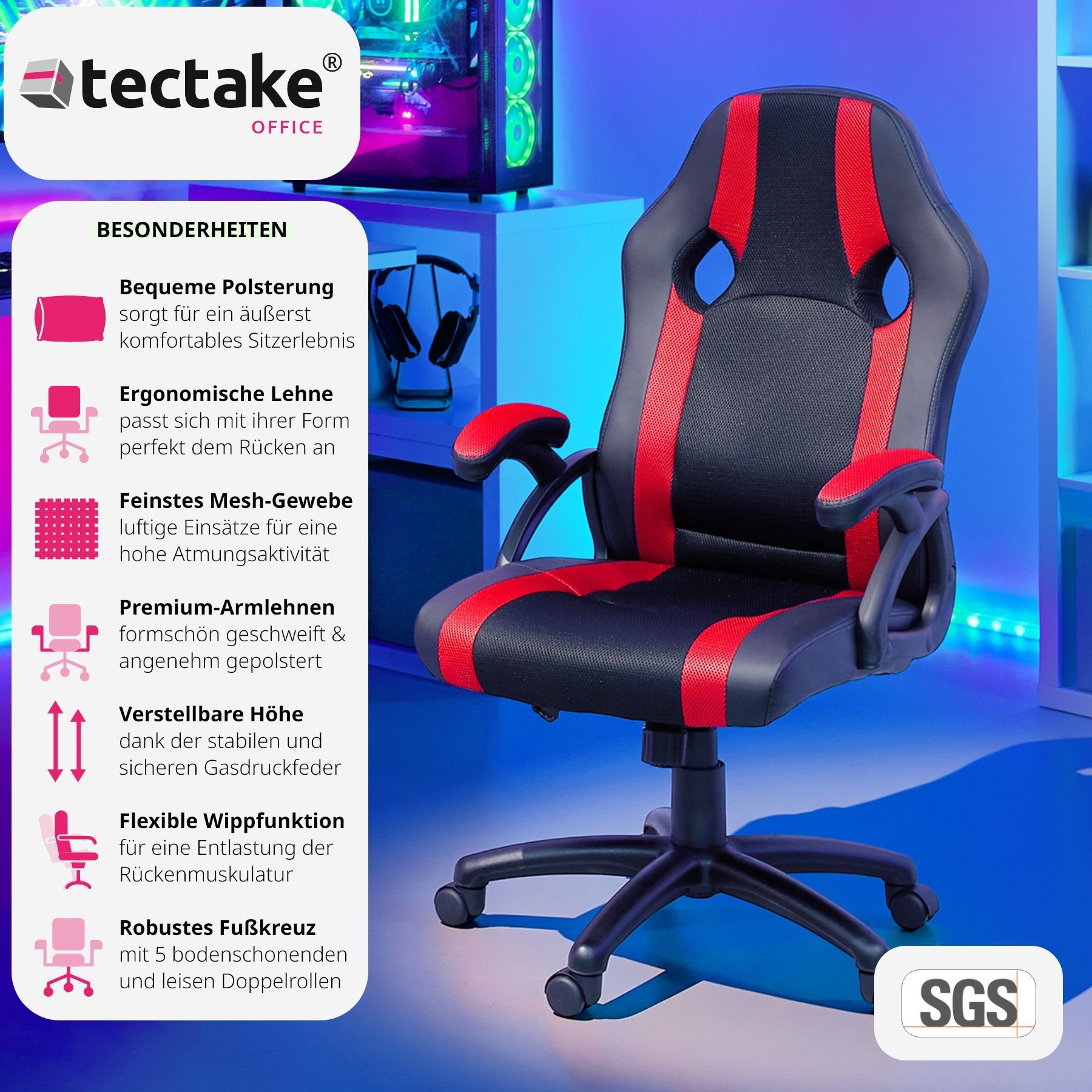 tectake Gaming-Stuhl Goodman (1er, 1 Wippmechanik einstellbare schwarz/rot St)