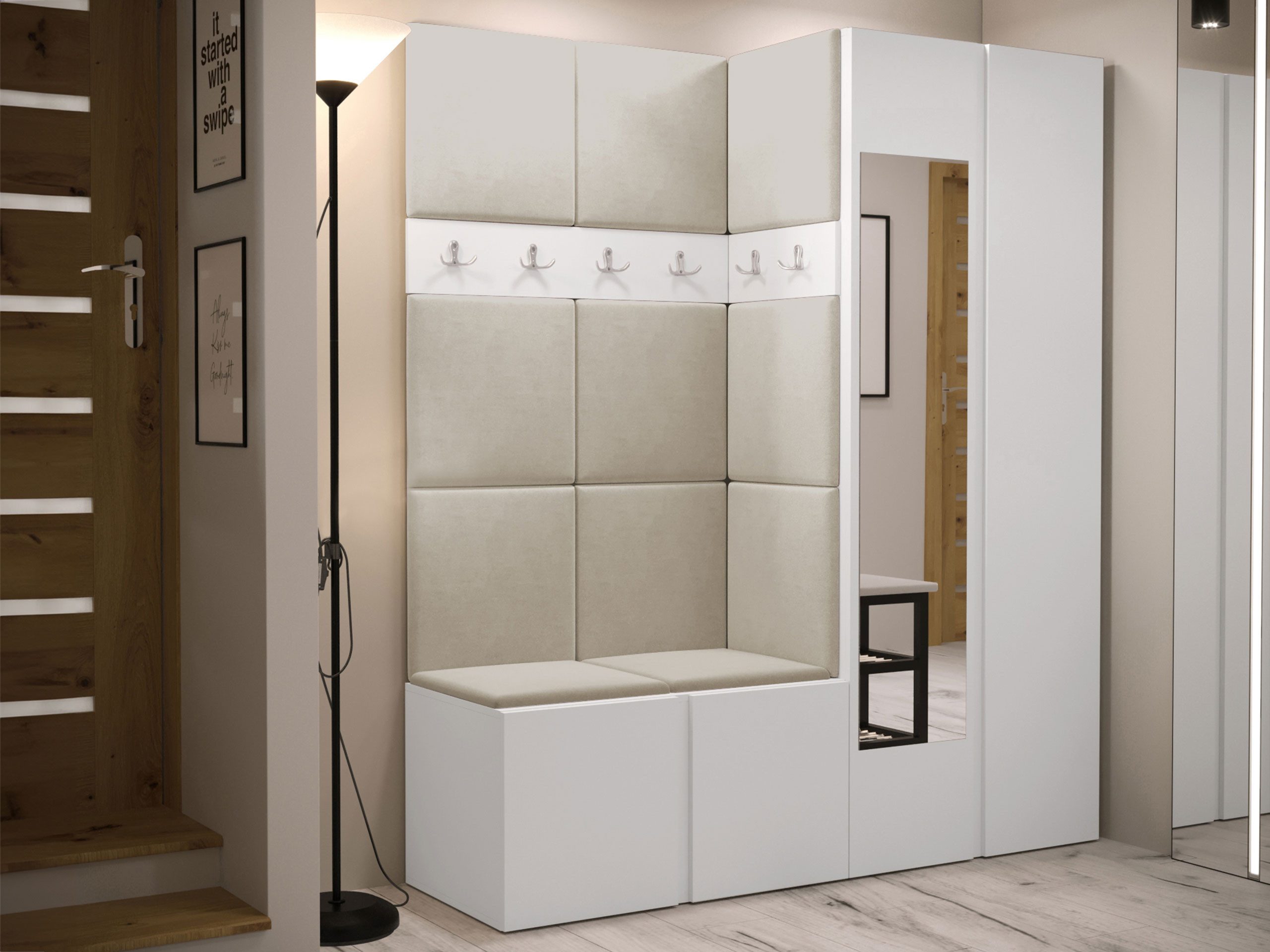 MIRJAN24 Garderoben-Set Orion XII, (Komplett-Set, Schrank, Schrank mit Spiegel, 2x Kleiderhaken, Paneel 11x 42x42), Auswahl aus Fronten und Polsterplatten