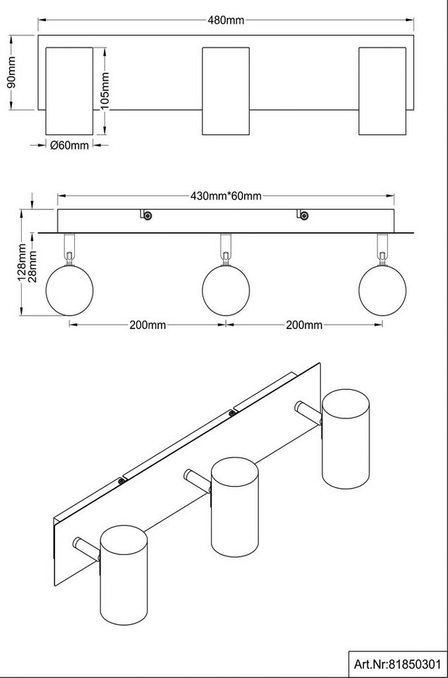 NOWA Deckenleuchte Deckenleuchte 3-flammig LOFT, ohne Leuchtmittel,  Deckenlampe Spotleuchte Deckenstrahler, modernes und schlichtes design