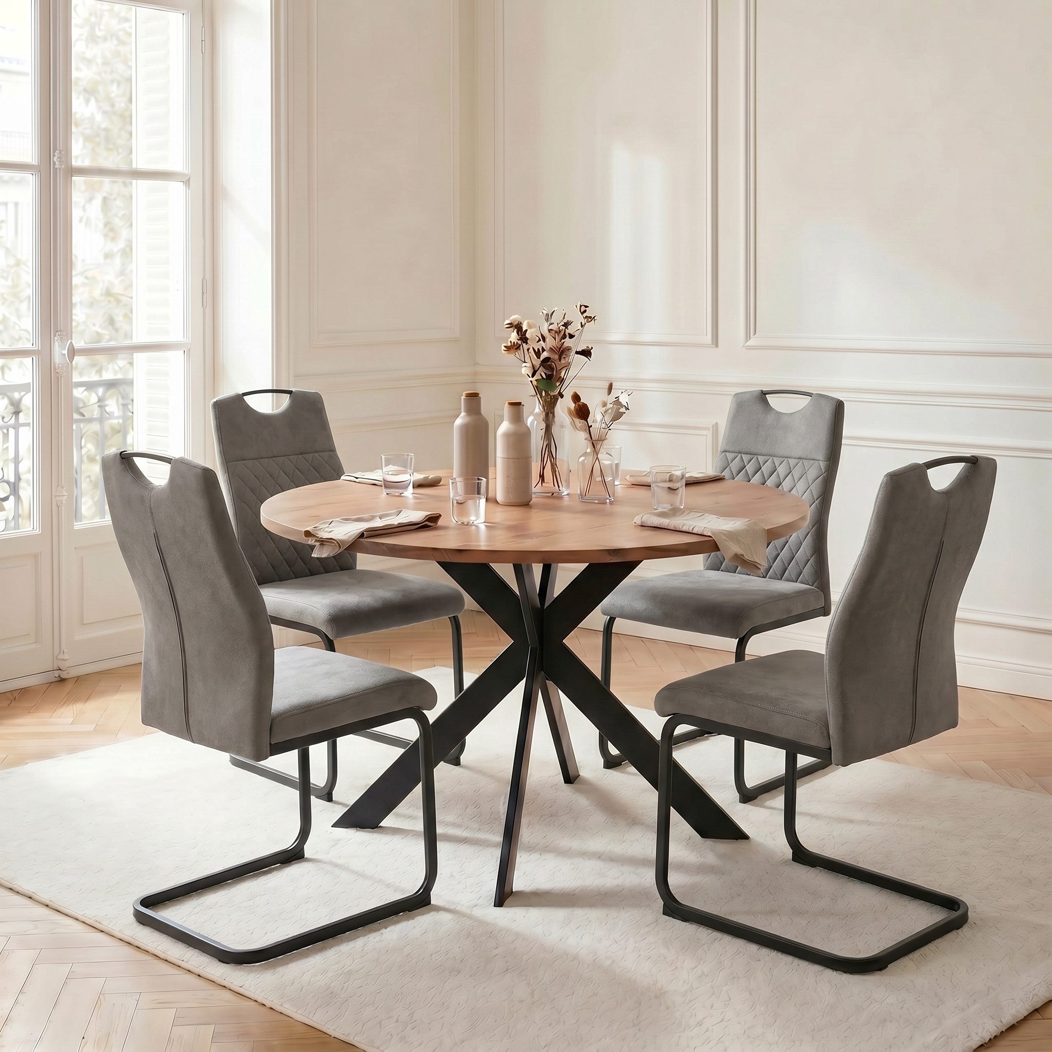 Jiexi Essgruppe Runder Esstisch 110cm MDF Eiche Set mit 4 Hightech Freischwinger