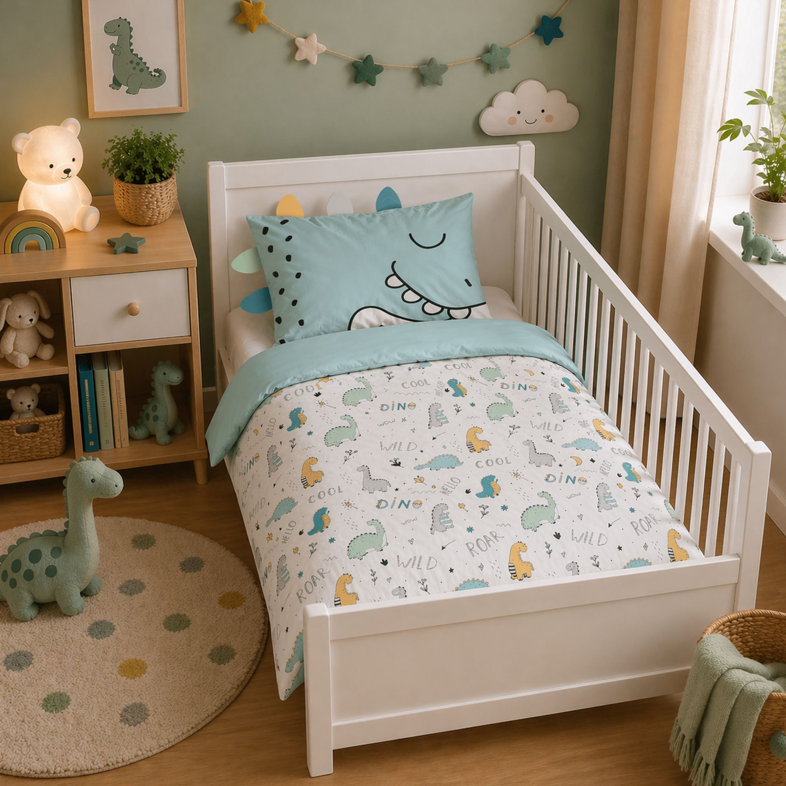 Familando Babybettwäsche Dino 100x135 40x60cm süßer Dinosaurier mit Stacheln, Renforcé, 2 teilig, mit liebevollem Motiv & süßen Details