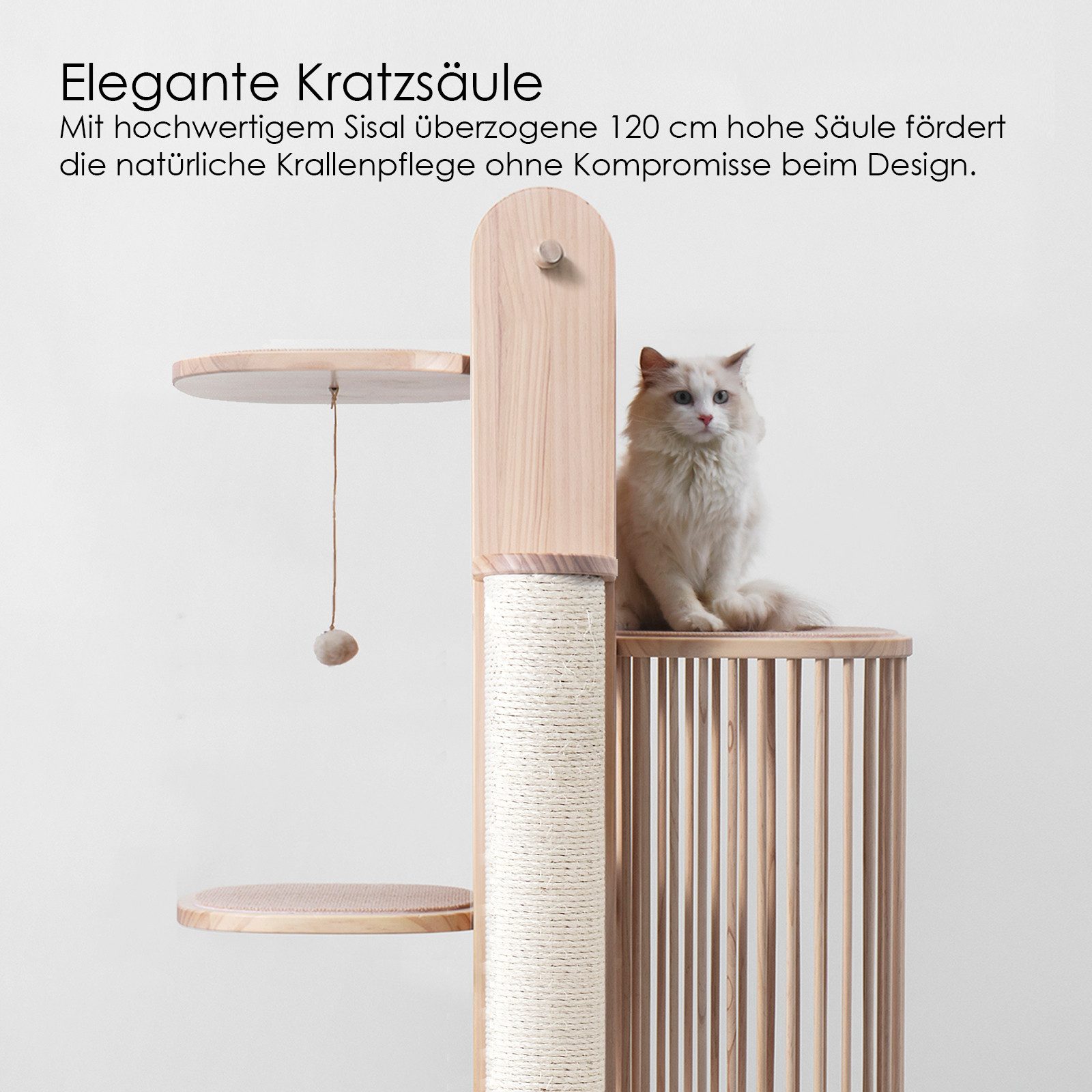 PetRhein Kratzbaum moderner Katzenbaum Skycity aus robustem Massivholz mit Höhle & Ball, 4 Plattformen, Kletterbaum, Katzenmöbel mit Sisal, mit Spielzeug