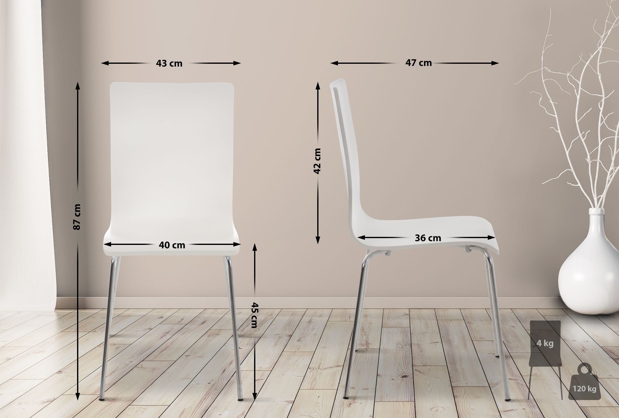 weiß geformter ergonomisch Besucherstuhl Pepe, & CLP Metallgestell Holzsitz