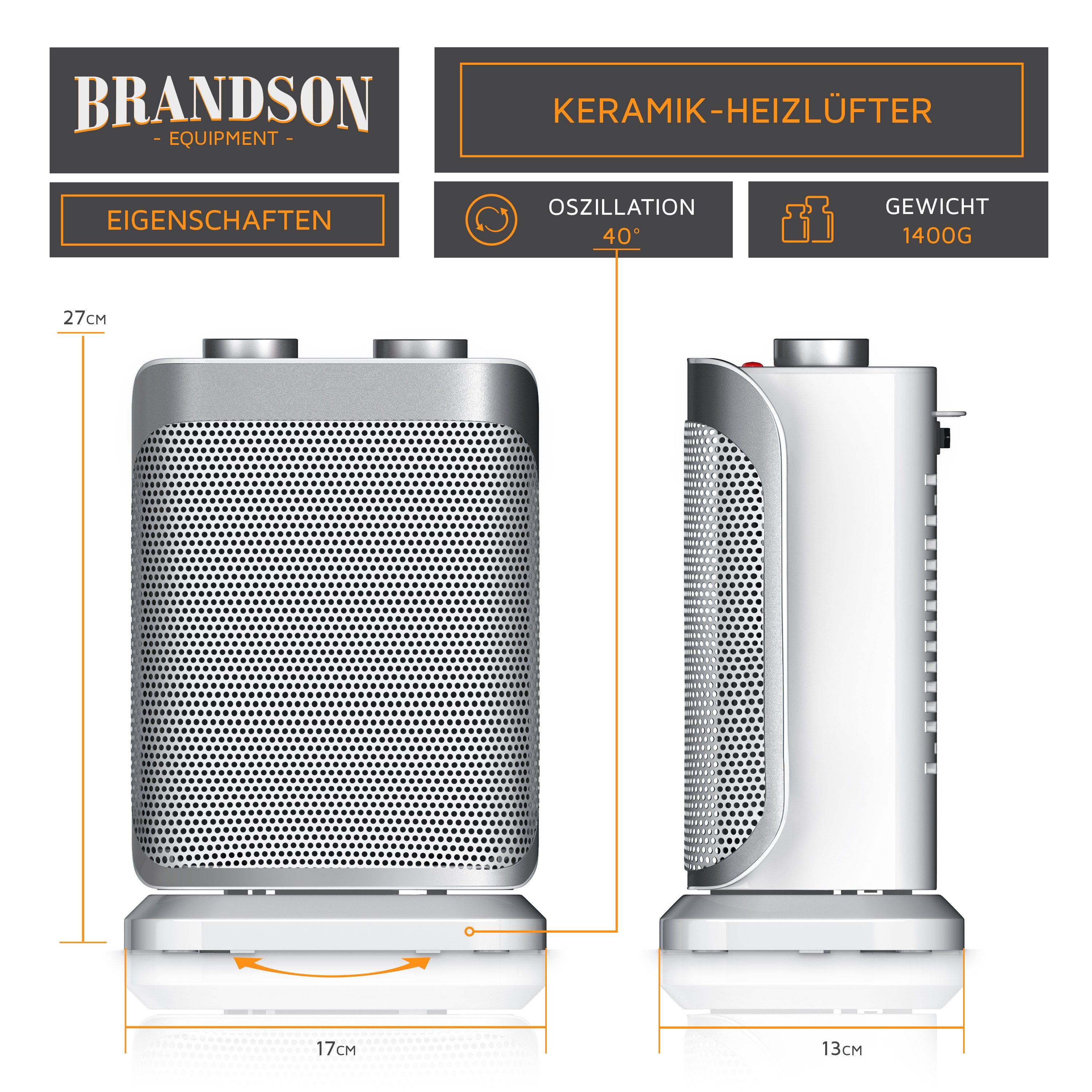 Brandson Keramikheizlüfter Keramikheizlüfter 1500 W mit Oszillation & Thermostat für Badezimmer, 1500 W, Energiesparend, leise, Temperaturregelung, Thermosicher – Bild 3 von 5