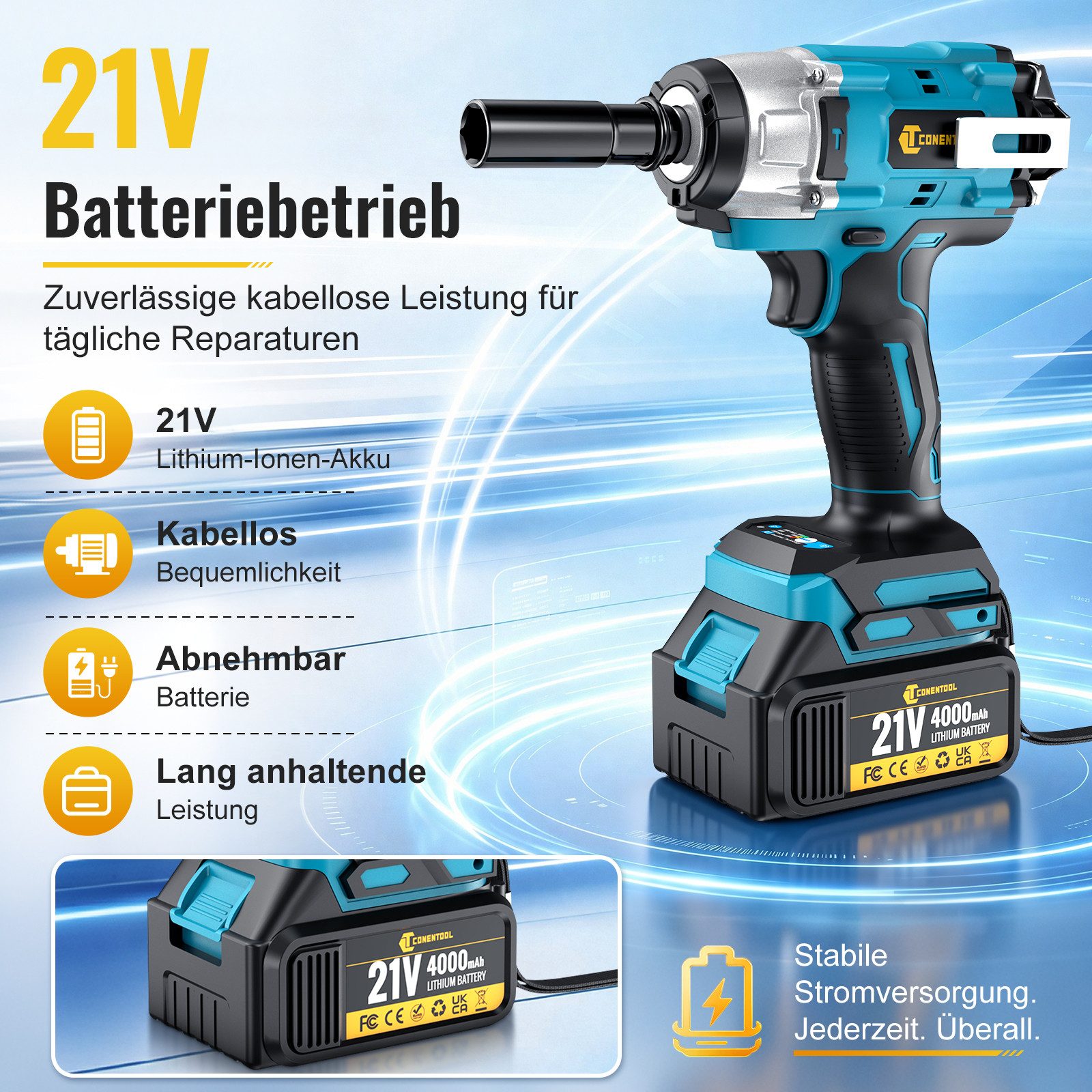 CONENTOOL Akku-Schlagschrauber 500 Nm, Bürstenloser Motor, 2x 4000 mAh Akku, 1/2" Vierkant, 2500 U/min, 500 Nm, (Set, 14-tlg., 5 Stecknüsse (17/18/21/22/24 mm), 5 Bohrer, 3 Bits, Adapter), Elektro-Schlagschrauber & Schlagbohrer 2-in-1