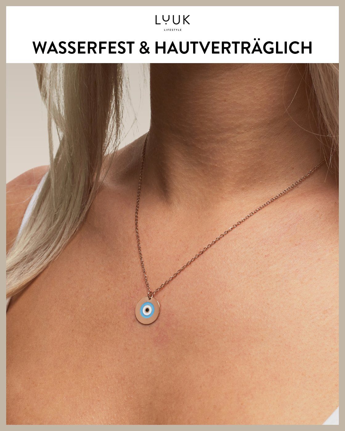 LUUK LIFESTYLE Kette mit Anhänger Evil eye, mit Happiness Spruchkarte, feminin und elegant