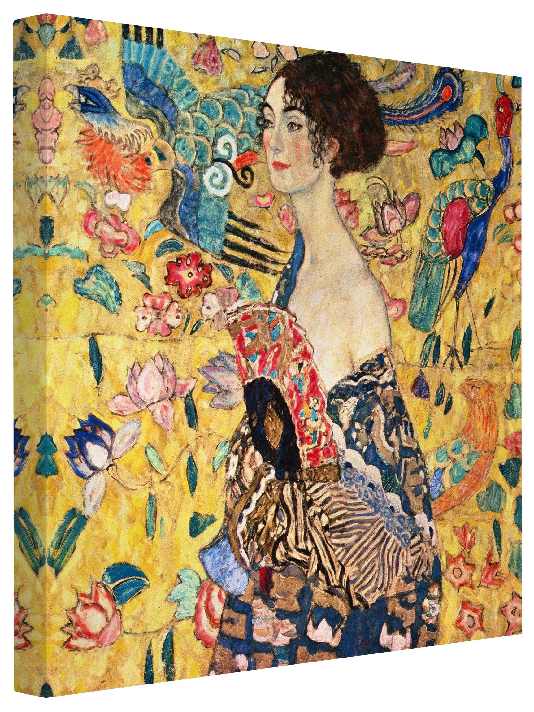 Leinwandbild Kunstdruck Gustav Klimt Dame Fächer gelb Bild auf Leinwand Groß XXL
