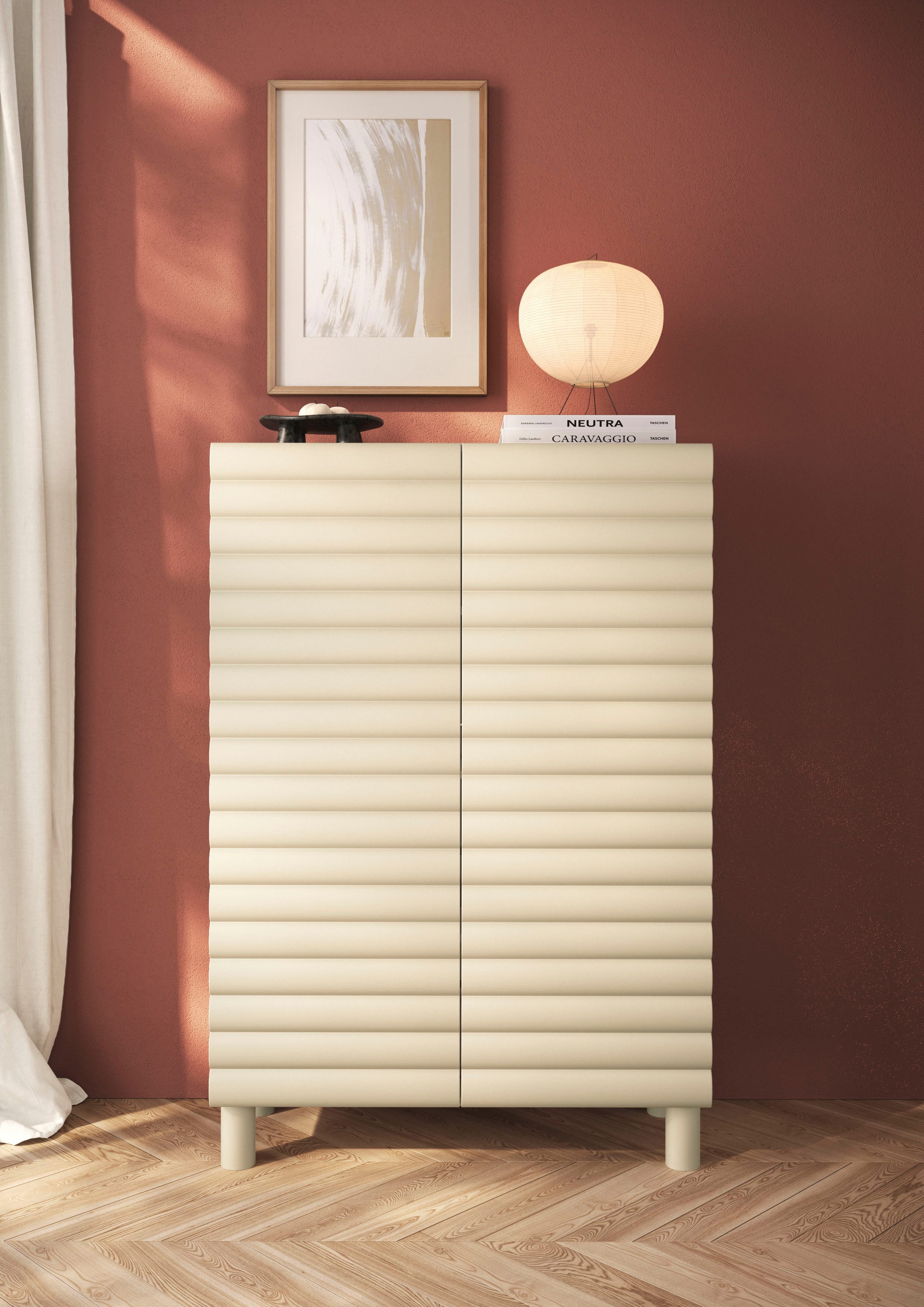 OTTO home Highboard Adria, B/H 101/147 cm, 2 Türen, Hochkommode, Stauraumschrank, Korpus Talco Spatolato, MDF-Fronten in 3D-Design, viel Stauraum