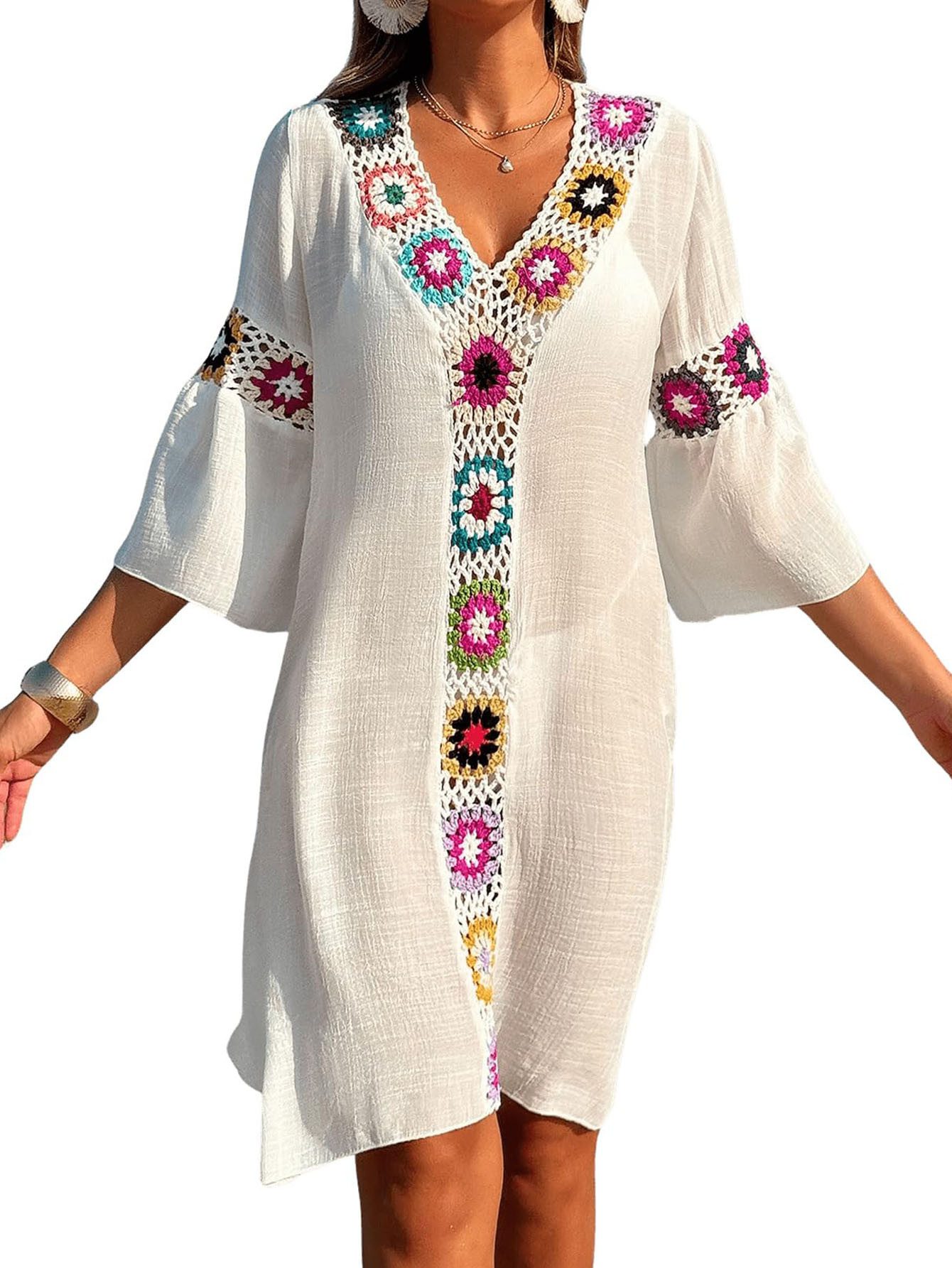 MOPUEA Strandkleid Floral gehäkelte Strandbluse, V-Ausschnitt Transparent (Strand Gehäkelte Strandkleider Damen Sommer Gehäkeltes Strandkleid, 1-tlg., Gehäkelt Boho Kurzarm Große Größen Swim Beach Cover Ups) Strandkleid Damen Bikini Cover Up Kleid