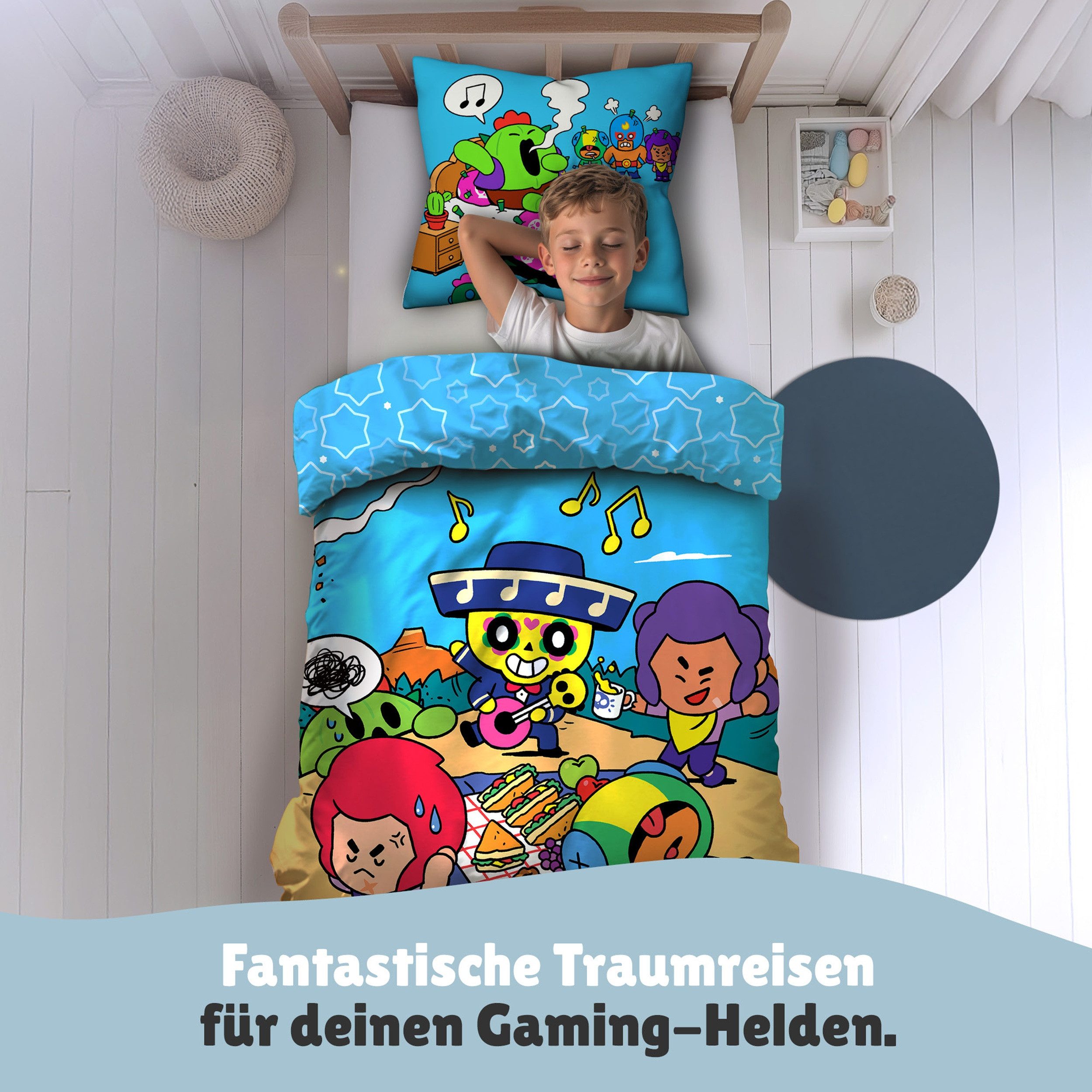 Familando Kinderbettwäsche Brawl Stars 135x200 + 80x80 cm aus 100% Baumwolle mit Reißverschluss, Renforcé, 2 teilig, mit Charakteren El Primo, Poco, Shelly, Leon, Colt & Spike