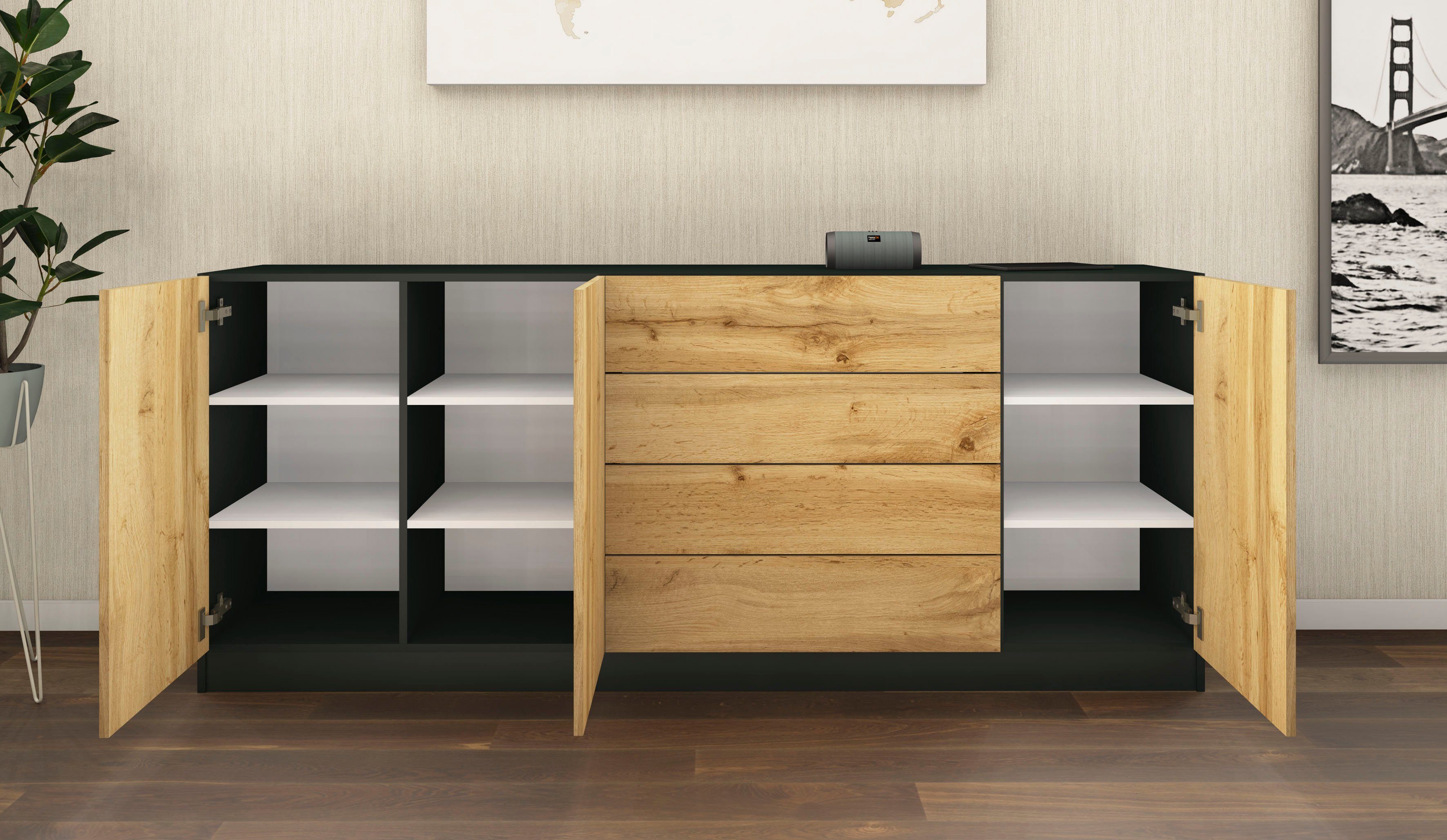 Breite 190 schwarz Vaasa, borchardt matt/eichefarben cm wotan Sideboard Möbel