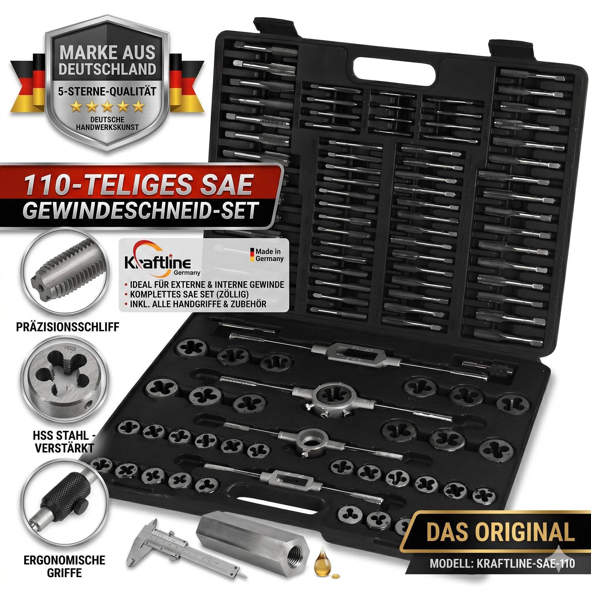 Kraftline Gewindeschneider 110 Teiliger Gewindeschneiderset für Werkstatt & Garage