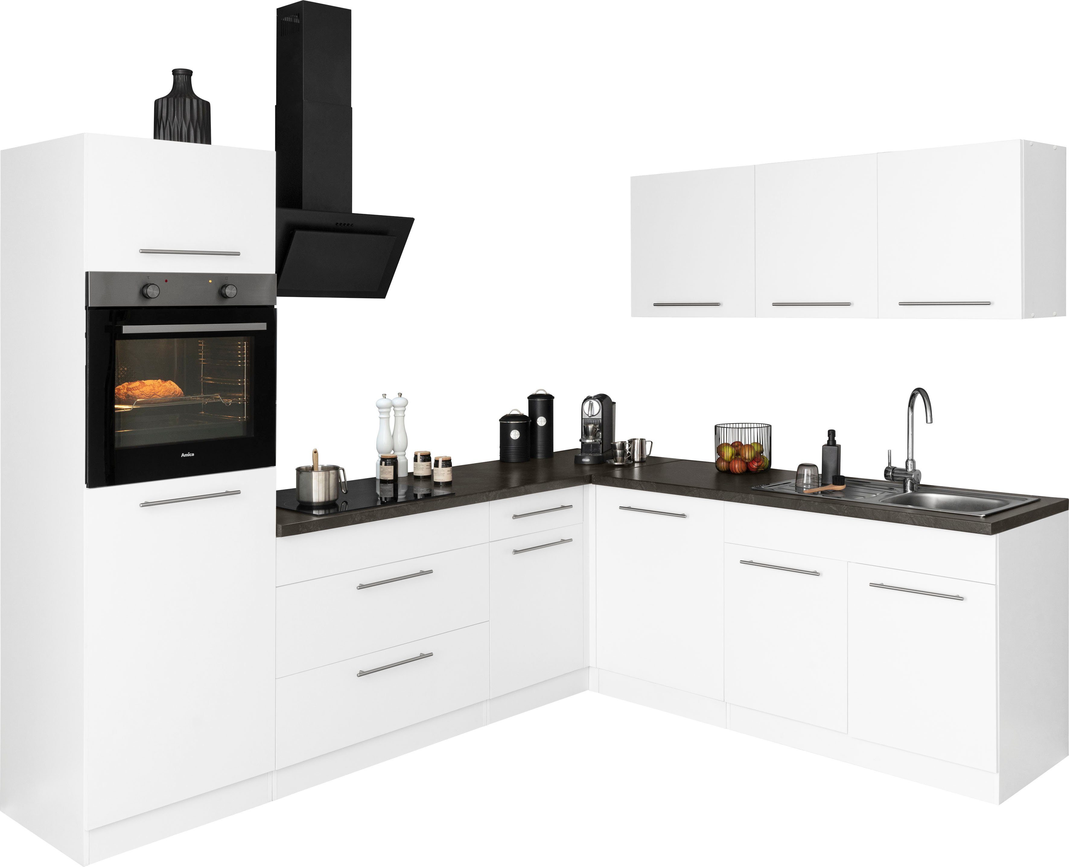 wiho Küchen Winkelküche Unna, mit E-Geräten, Stellbreite 260 x 220 cm grau|schwarz|weiß