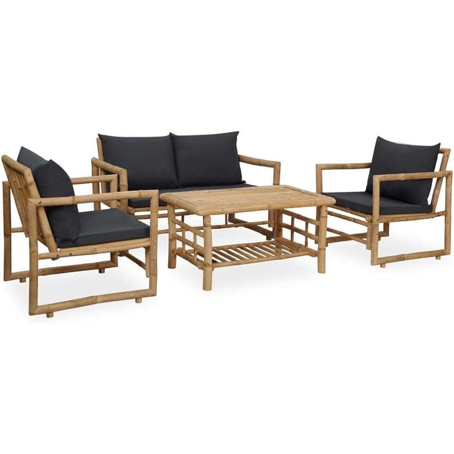 LuxusKollektion Loungeset Gartenmöbel Bambus 4-tlg. Bank Stuhl Tisch Auflagen
