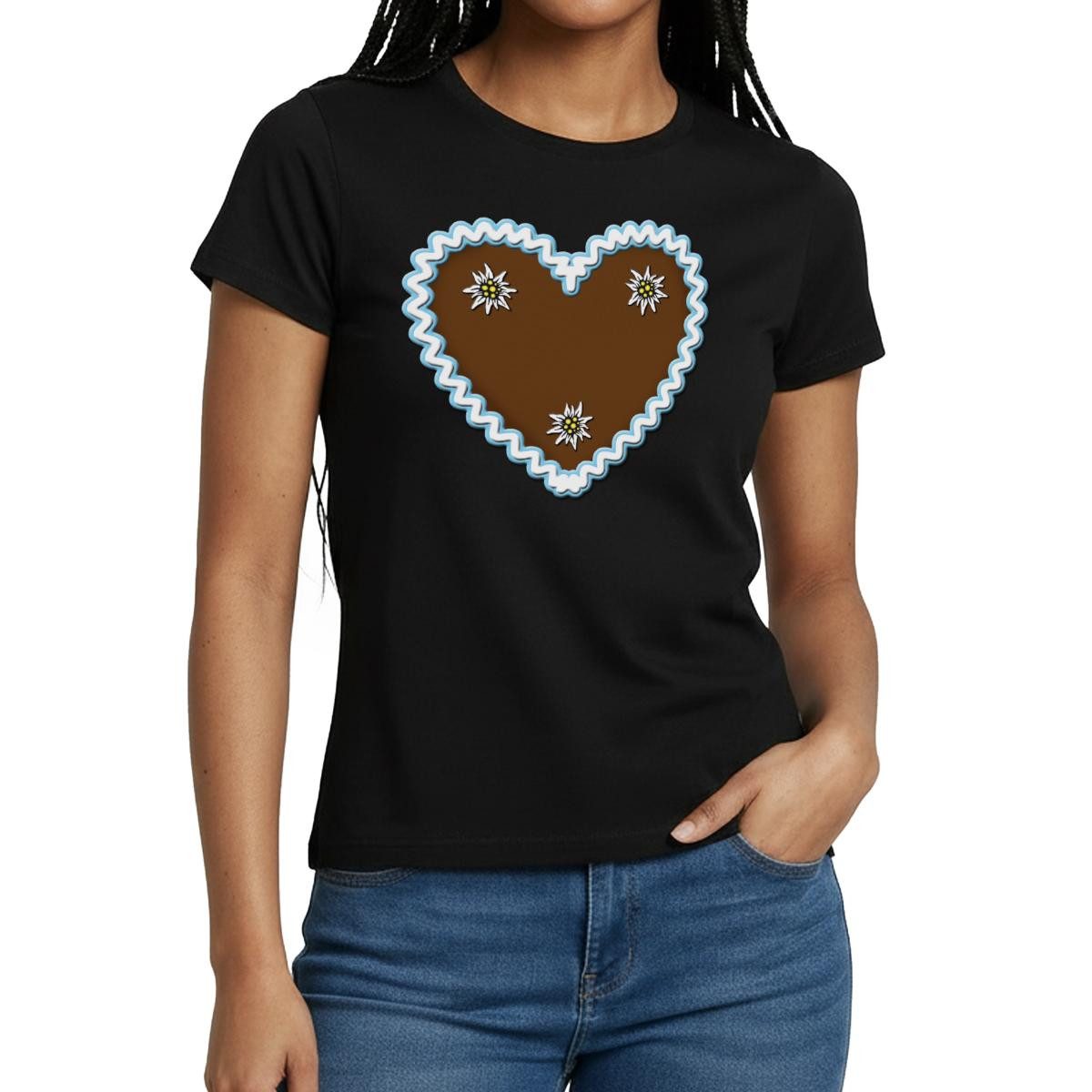 Spreadshirt T-Shirt Lebkuchenherz Design Mit Edelweiß Bayern Frauen T-Shirt (1-tlg)