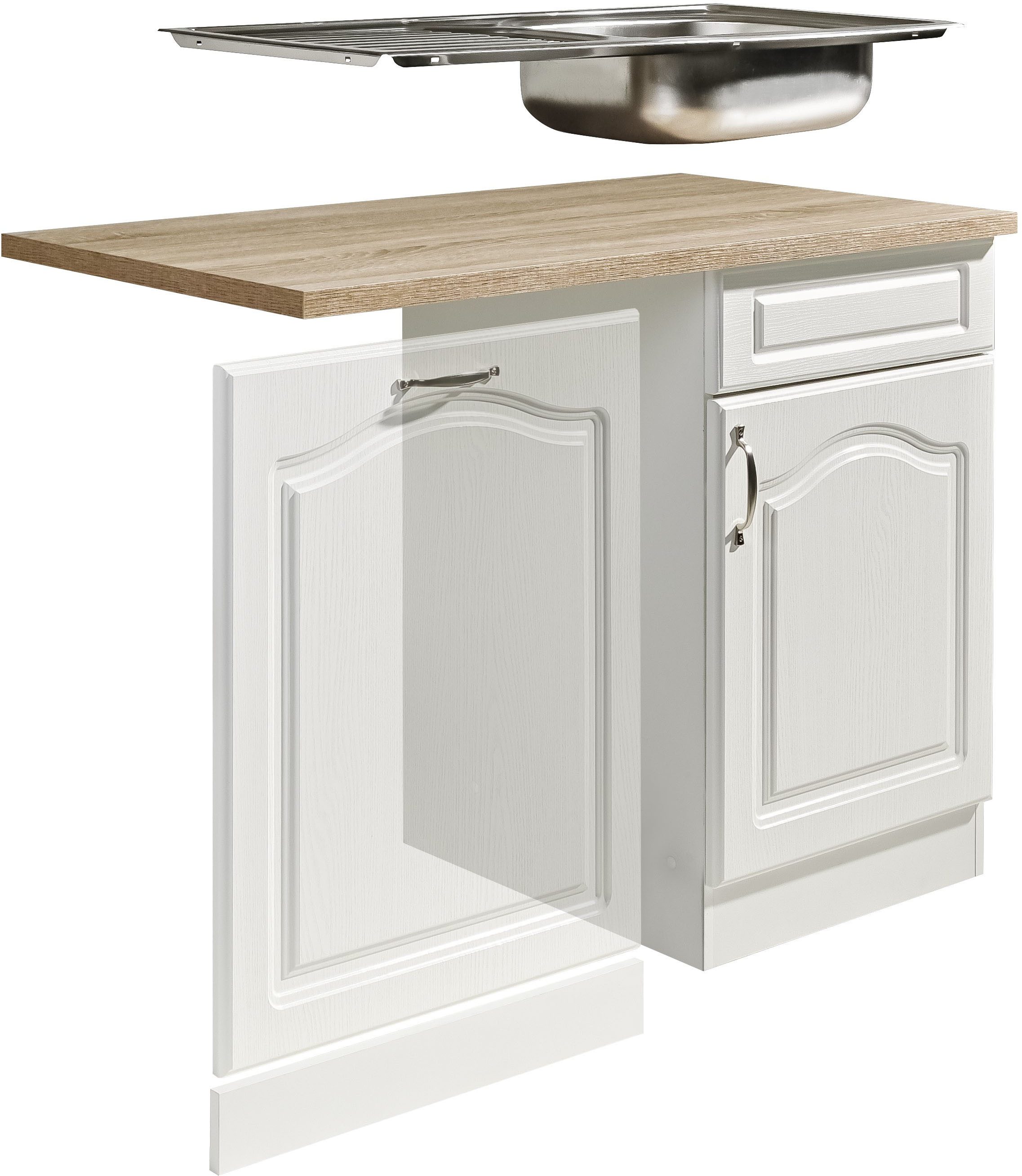 wiho Küchen Spülenschrank Linz 110 cm breit, Tür & Sockel für Geschirrspüler, in Landhaus-Optik – Bild 4 von 5
