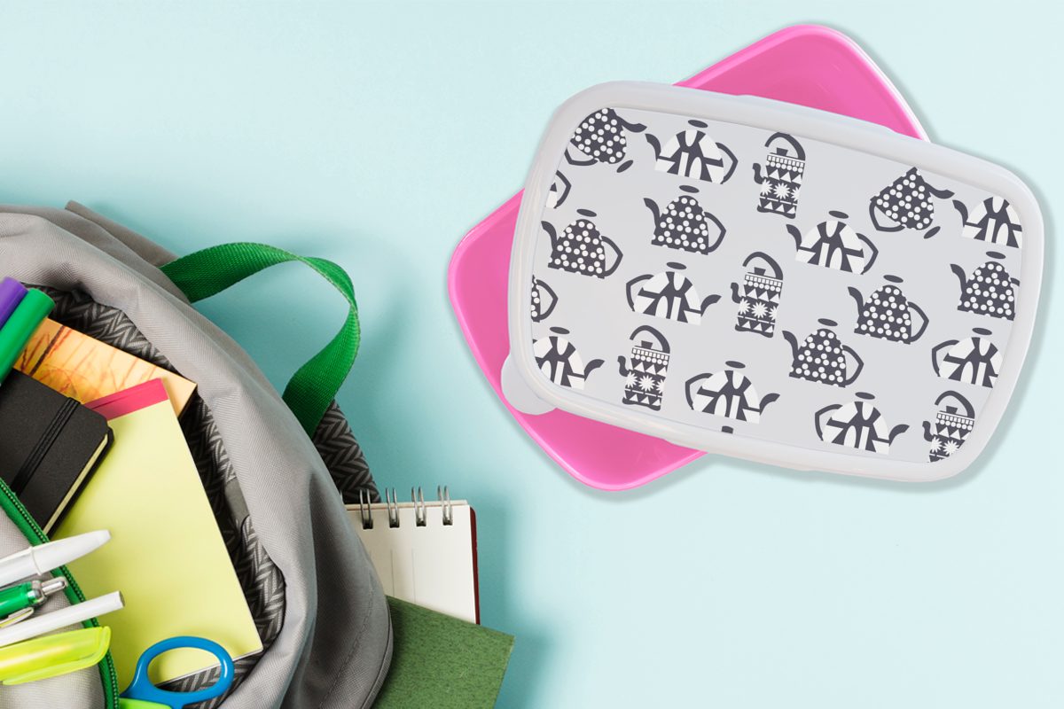Tee, Snackbox, Kinder, (2-tlg), - rosa Teekanne MuchoWow Muster Brotbox Lunchbox für Kunststoff, Kunststoff Mädchen, Brotdose - Erwachsene,