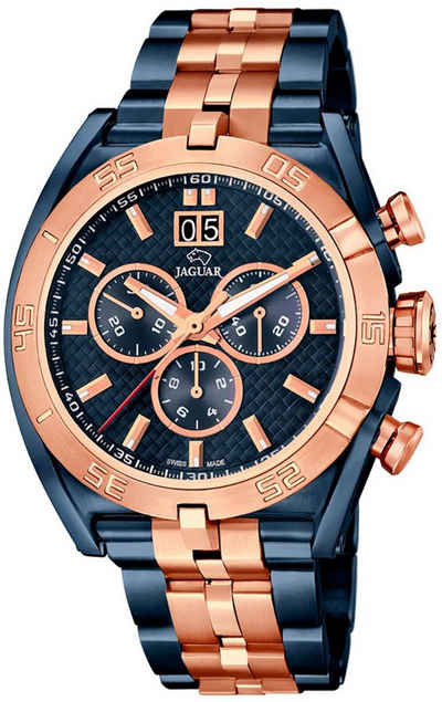 JAGUAR Chronograph Jaguar Herren Uhr J810/1 Edelstahl, (Armbanduhr), Herren Armbanduhr rund, Edelstahlarmband blau, rosegold, Sport