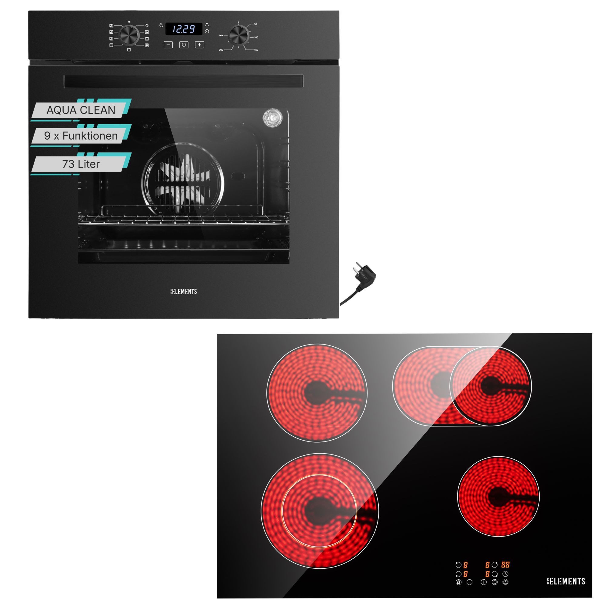 KB Elements Backofen-Set Einbaubackofen 60 cm mit 4-Zonen Glaskeramik Kochfeld 60 cm, AQUA CLEAN, Aqua Clean, Circle Fan Heater, Flexzone